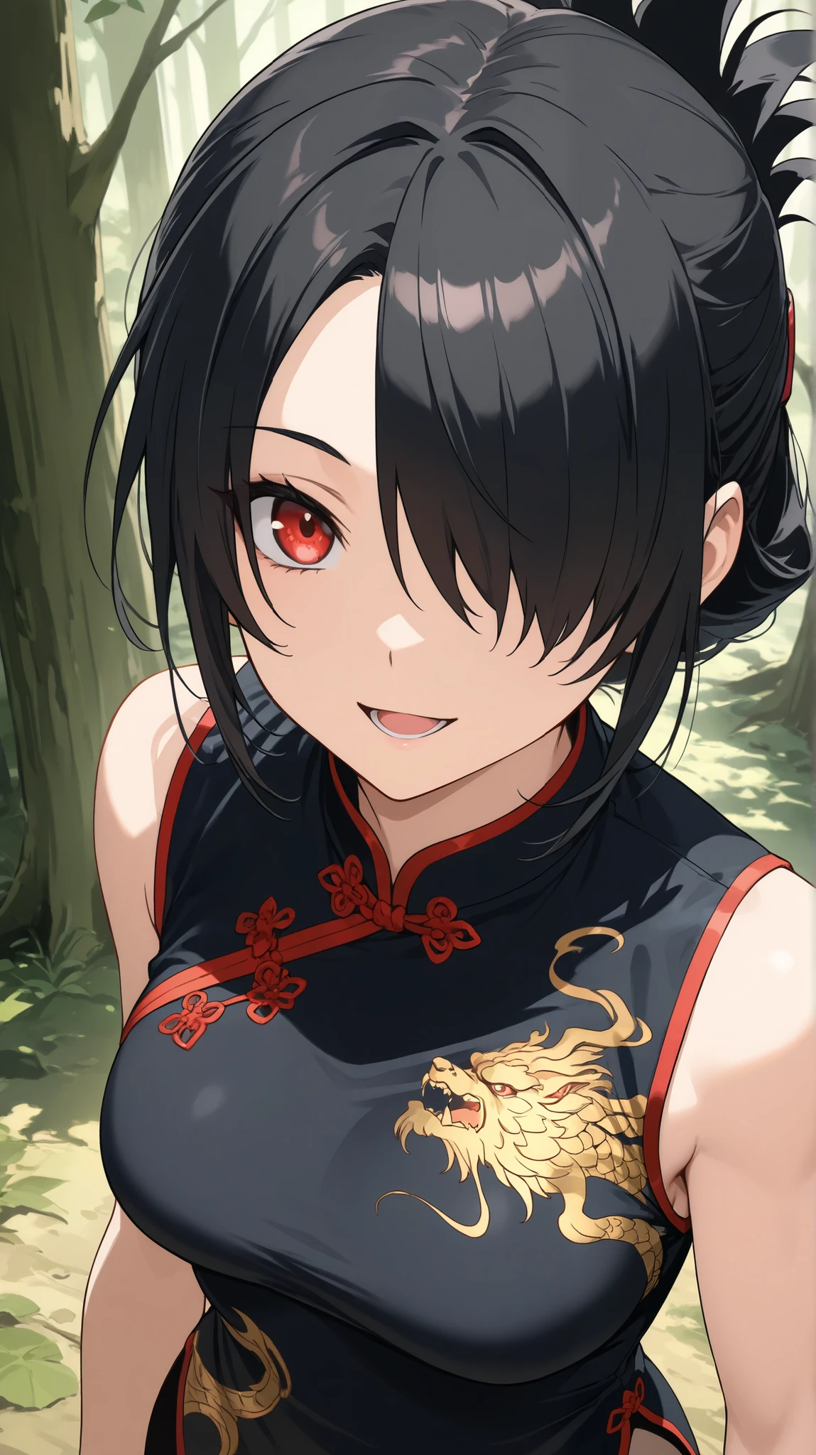 , Kung fu giri
High quality , best quality , masterpiece, High Resolution , anatomically correct,anime Coloring
1girl,solo, Cool woman, handsome woman, beauty in men's clothing
black hair,short hair, folded ponytail ,handsome hair,,red eyes, hair over one eye,, breasts,
,black chinese clothes,bare arms
looking at viewer , close-up,upper body,from above,
, Forest
, expressionless,open mouth,smile