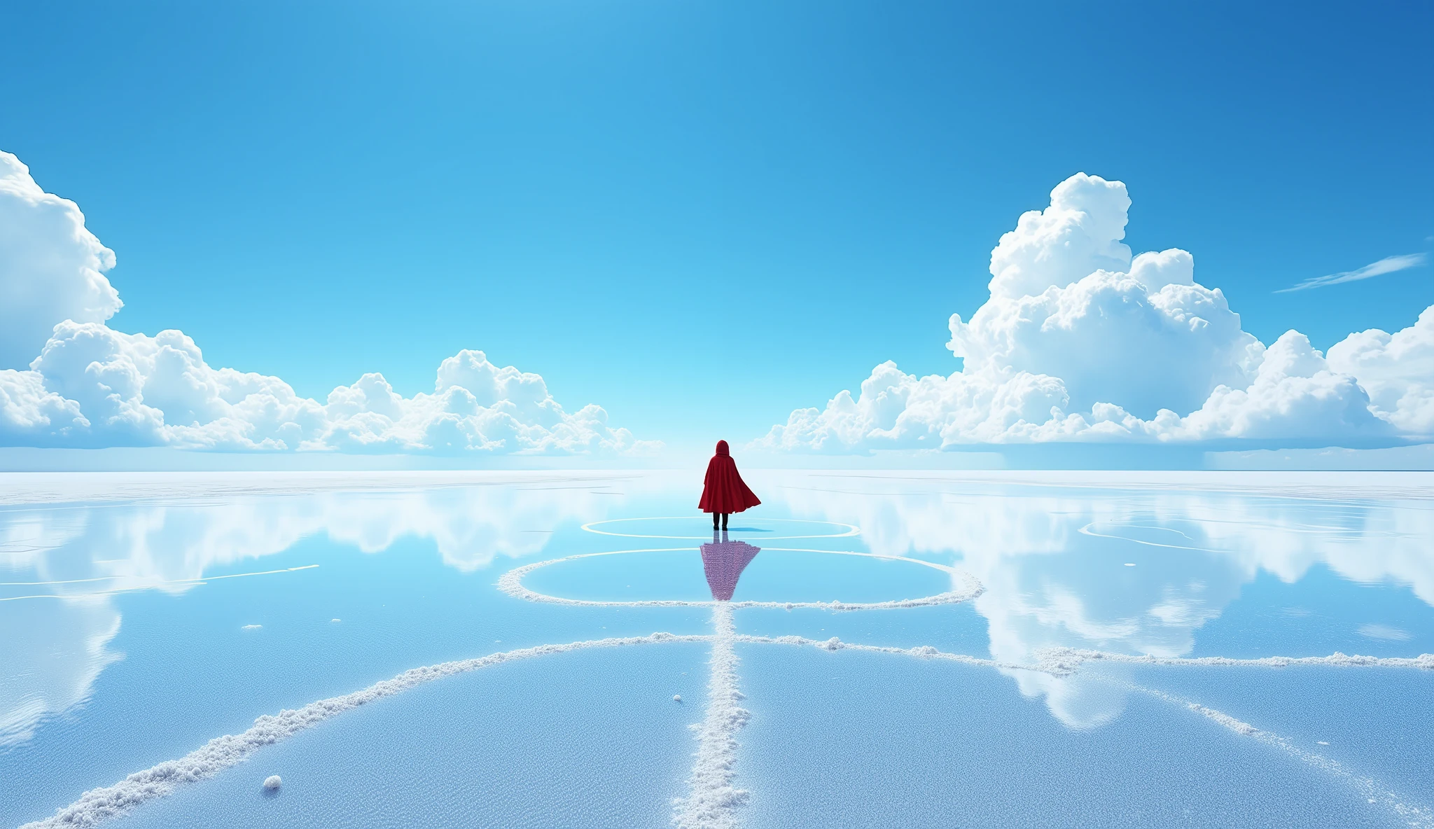 The flawless salt marsh horizon cuts a perfectly symmetrical world, the clear blue sky dips the entire dome with 120% saturation, the marshmallow clouds form an infinite cycle of ∞ symbols in the real sky and mirror reflections, the salt crystals refract diamond stardust-like spots on the surface, the tiny traveler in a red cloak stands at the golden section point of the picture, its reflection extends a surreal quadruple mirror dimension, the 12K sharpness of the cloud details hides the aurora-like iridescent refraction, cobalt blue and pearl white form the main color of cold and pure, The surrealist minimalist composition is adopted, the atmospheric perspective enhances the sense of spatial depth, and the light reflection intensity parameter is 1.2x
