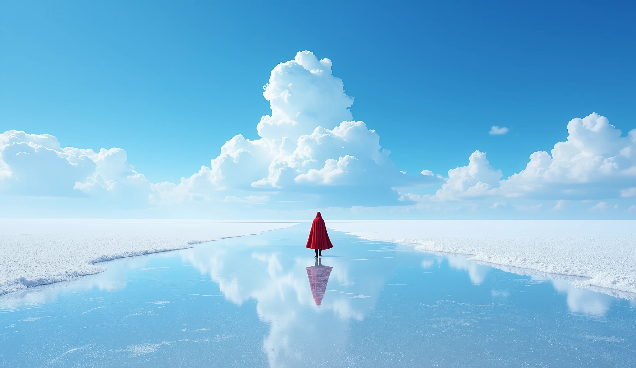 The flawless salt marsh horizon cuts a perfectly symmetrical world, the clear blue sky dips the entire dome with 120% saturation, the marshmallow clouds form an infinite cycle of ∞ symbols in the real sky and mirror reflections, the salt crystals refract diamond stardust-like spots on the surface, the tiny traveler in a red cloak stands at the golden section point of the picture, its reflection extends a surreal quadruple mirror dimension, the 12K sharpness of the cloud details hides the aurora-like iridescent refraction, cobalt blue and pearl white form the main color of cold and pure, The surrealist minimalist composition is adopted, the atmospheric perspective enhances the sense of spatial depth, and the light reflection intensity parameter is 1.2x