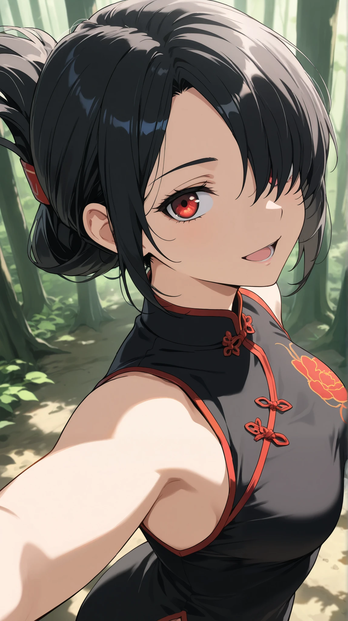 , Kung fu giri
High quality , best quality , masterpiece, High Resolution , anatomically correct,anime Coloring
1girl,solo, Cool woman, handsome woman, beauty in men's clothing
black hair,short hair, folded ponytail ,handsome hair,,red eyes, hair over one eye,, breasts,
,black chinese clothes,bare arms
looking at viewer , close-up,upper body,from above,
, Forest
, expressionless,open mouth,smile
