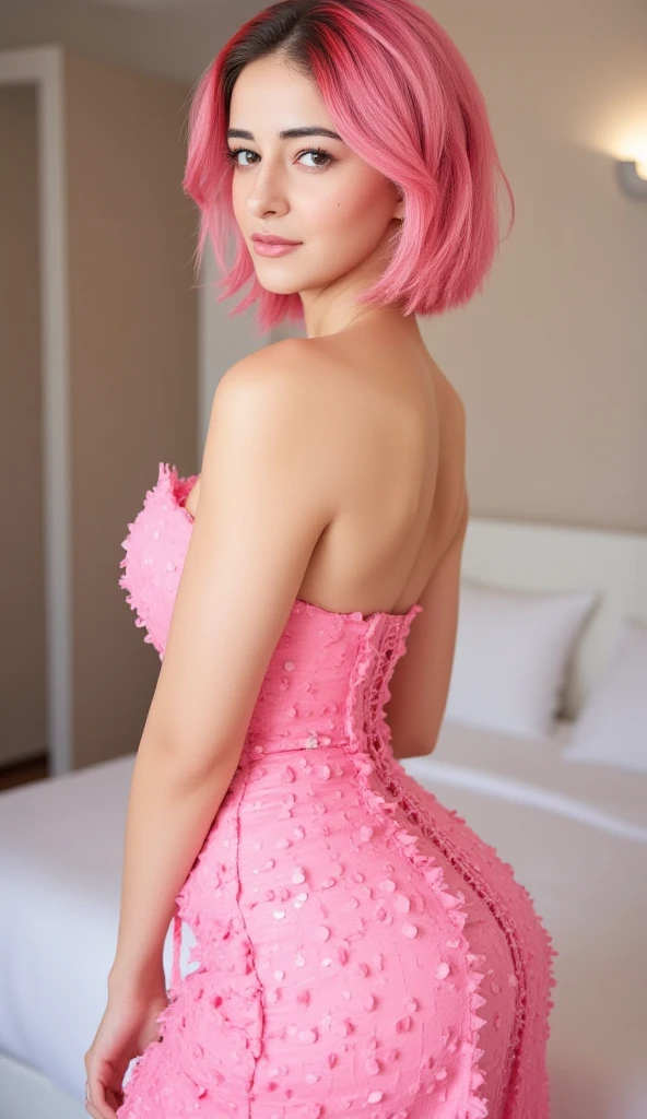 Asian beauty in her 30s smiling seductively,30 generation women,she has a pink ribbon in her hair,Short bob cut brown hair,Plump and sexy body,shiny skin,put your hands behind your head,Are standing,seductive pose,足を閉じてAre standing,Highlight very big breasts,Emphasis on large valleys,I'Iは胸を抱き寄せる,her breasts look pressed'About to explode inside her shiny neon light pink bra.,Her big breasts are pushed into a shiny light pink bra.、It seems tight.,Plump big breasts,I'm wearing shiny white over-knee socks..,shiny overknee socks,tight overknee socks,Sexy pale pink glossy full-back bloomers with strong luster and shine,Pale pink bloomers with an all-over floral pattern on the back are smooth to the touch.,tight white overknee socks,Glossy pink bloomers with strong shine,Sexy white pantyhose that cling to your thighs,high cut, light pink high leg bloomers,plump thighs,乳首はAre standing,Lingerie bra that brings together big breasts and emphasizes cleavage,big, round butt,Erotic and cute butt,Emphasis on sexy buttocks,shiny pink full back bloomers with a strong shine,彼女はお尻にぴったりと張り付くshiny pink bloomersを着ています.,Sexy poses that attract men,Smooth and comfortable texture, Gorgeous pink full back plump bloomers butt,撫でたくなるような滑らかな感触のshiny pink bloomers.,An ass that makes you want to stroke it,美しい白いパンストの上にshiny pink full back bloomersを着用しています。.,Tight, shiny pink bloomers,White shiny floral overknee socks, フロントのhigh cut&Glossy pink bloomer pants with high legs and a strong shine.,shiny pink bloomers、The back is made of smooth fabric,shiny pink full back bloomers,Her shiny pink panties are sticking out of her bloomers.,put your hands behind your headにしている,足をクロスしてAre standing,sexy high leg shiny bloomers,All-back pale pink lingerie、ツルツルの肌触りのshiny pink bloomers.,he twists his hips to invite sex.,The whole body is reflected,Love hotel bed in the background,smooth white overknee socks,full body portrait,wears a pink ribbon in her hair