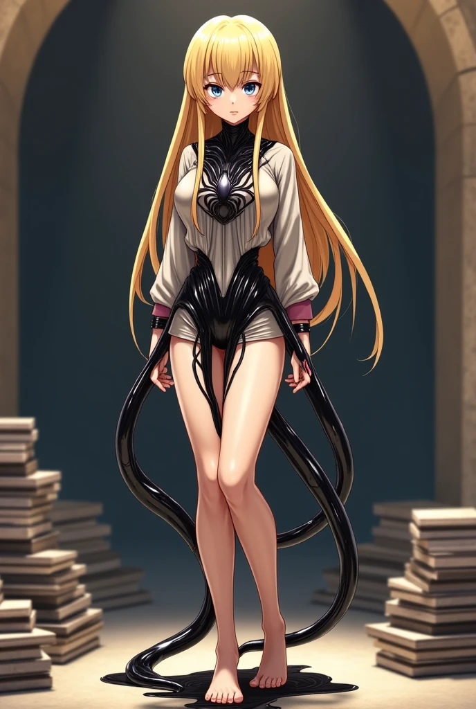 a masterpiece of，最好质量，(Hyper-Resolution)，4K，(Animation style)，solo，A beautiful woman is smiling，(blone hair)，(blue eyess)，(Rock dress with open shoulders)，long trousers，sport shoes，(((Sitting on top of many extremely elaborate snakes)))，the night，rains