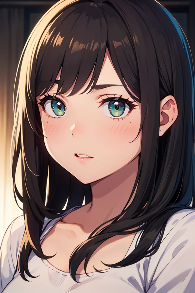 (((one woman,long hair,ponytail,bangs,slender face,sharp eyes,green eyes,detailed eyes,small breast,white blouse,navy jeans,surprised,flushed cheek))),masterpiece,extremely high quality,extremely fine and beautiful,hyper detail,dynamic resolution,sharp focus,anime style,incoming kiss,kissing the viewer,closeup face,closed eyes,in the park,at night,1girl