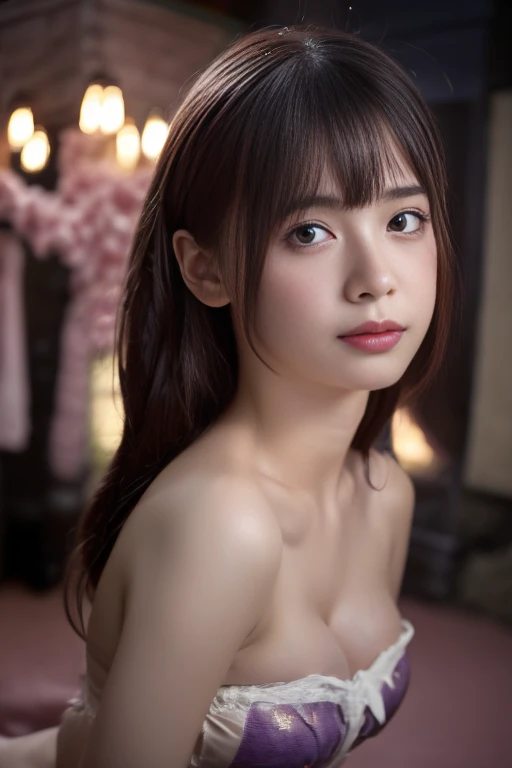 Mejor calidad, enfoque facial, Luz tenue, ultra high resolution, (fotorrealista:1.4), foto cruda,
1Chica japonesa, Solo, lindo, (alumno, Luces en los ojos),  cara hermosa detallada, (small chest),(High Resolution Detail of Human Skin Texture),
(pelo largo), (desnuda)
interior,
Vestido camisero damasco,
(retrato)
