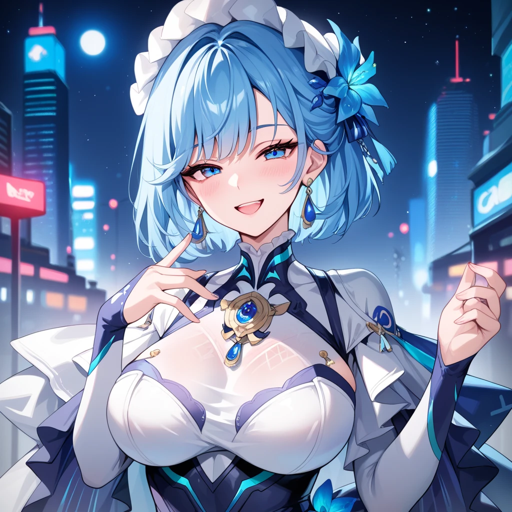 Best quality, 8K, High quality, A high resolution, Keqing (genshinimpact), hairbuns, Purple hair, Twin-tailed, Purple eyes, hair adornments, cone hair bun, Long hair, double bun hair, bangs, bow, (Maid outfit:1.5), maid, maid headdress, Great legs, Stockings, white thighhighs, cleavage cutout, Face focus, Close up, (Heart-shaped pupils:0.9), (Blush:0.65), (1girl huge large breasts, solo:1.4), School grounds, School rooftop, Cityscape, Blue sky, Bright sky, Sunny, holding flower, Small breasts, Detailed background, Detailed clouds,pregnant belly,