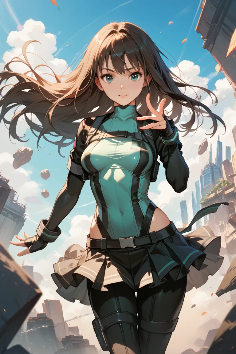 ighly detailed、Masterpiece、top-quality、Detailed writing、Cel animation style illustration、A highly detailed、Masterpiece illustration、Full body painting of a girl、Anime style with a girl falling from the sky、She、Based on black and white、Wearing a futuristic, tight-fitting bodysuit。Her head is completely covered by a clear green spacesuit helmet visor.、Inside the visor she wears a breathing gas mask。She has an orange parachute pack spread out on her back to help her fall.。Daytime blue sky
