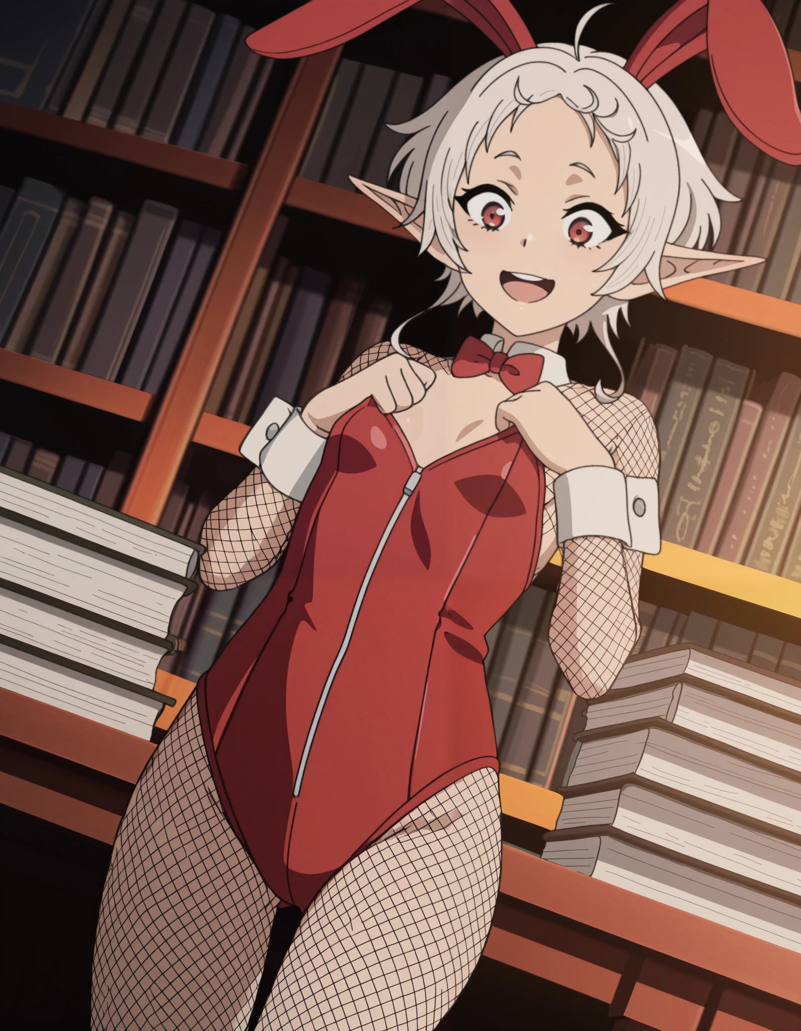 masterpiece, best quality, amazing quality,, sylphiette, short hair, ahoge, white hair, pointy ears, elf, mature female, anime screencap, university, parted lips, solo, cowboy shot, solo, window, happy, excited, opened mouth, ((surprised)), (((dutch angle))), standing, desk, library, (piles of books), front, ((mischievous smile)), ((looking down)), (small breast), (((excited))), grabbing breasts, from below, ((red bunny suit)), bunny ears, fishnets