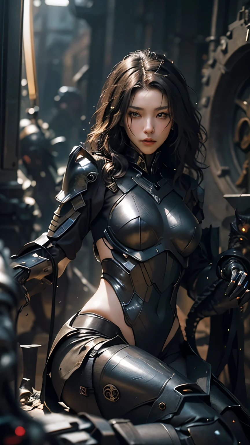 beste Quality、masterspiece、ultra-highres、(photorealestic:1.4)、Raw photo、女の子1人、Black hair、glowy skin、1 Mechanical Girl、((ultra realistic details))、The left half of the body is a mechanical portrait、Global Illumination、Shadow、Rendu octane、8K、ultrasharp、Giant tits、Raw skin is exposed in cleavage、metals、Details of complex ornaments、Steampunk details、Analog Meter、cogs、gear、Golden hydraulic cylinder、high intricate details、Realistic light、CGSoation Trends、violet colored eyes、shinning eyes、Facing the camera、neon details、Mechanical limbs、blood vessels connected to tubes、Mechanical vertebrae attached to the back、mechanical cervical attaching to neck、sitting on、Wires and cables connecting to the head、Gundam、Small LED lamp、 --auto