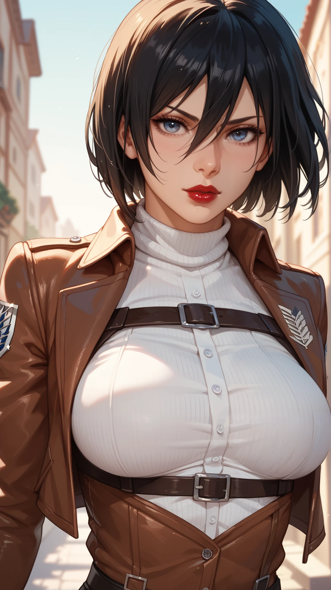 (Attack on Titan, Mikasa Ackerman), brown skin, yukata, (short black hair), (on all fours), young, cute, beautiful girl, perfect style, big, emphasizing cleavage, expressionless, realistic, realistic, 8k, very detailed, highest quality, best quality, super high definition, masterpiece, one girl, (background is Big Ben in London),