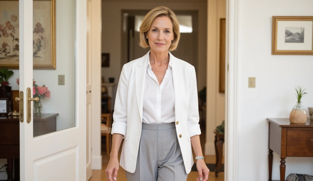 Short hair Blonde German mature older woman in suit standing in kitchen portrait 