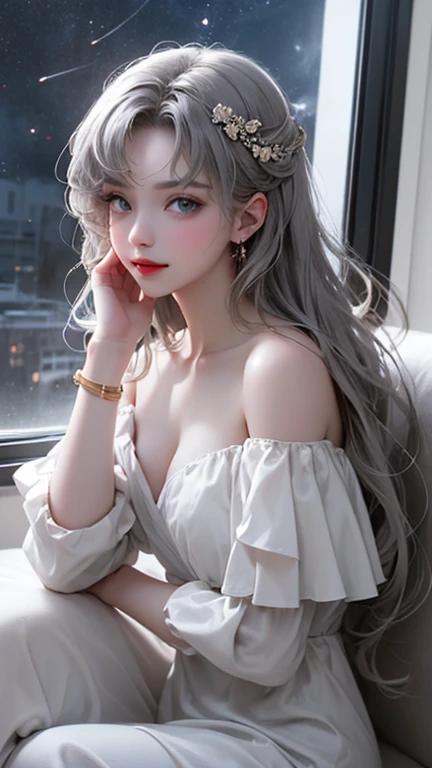 (8k, born, realistic: 1.25), ((striped white hairs)))))), (Thin lip gloss, thin eyebrows, eyelash, tear bag, sharp bangs, shiny face, shiny skin, highest quality, ultra high resolution, Depth of the bounds written, chromatic aberration, caustics, wide lighting, natural shading, K-POPアイドル) Glasses, Calm, Collect a strand of hair with your hand, long hair, smile, Small devil, inside the house