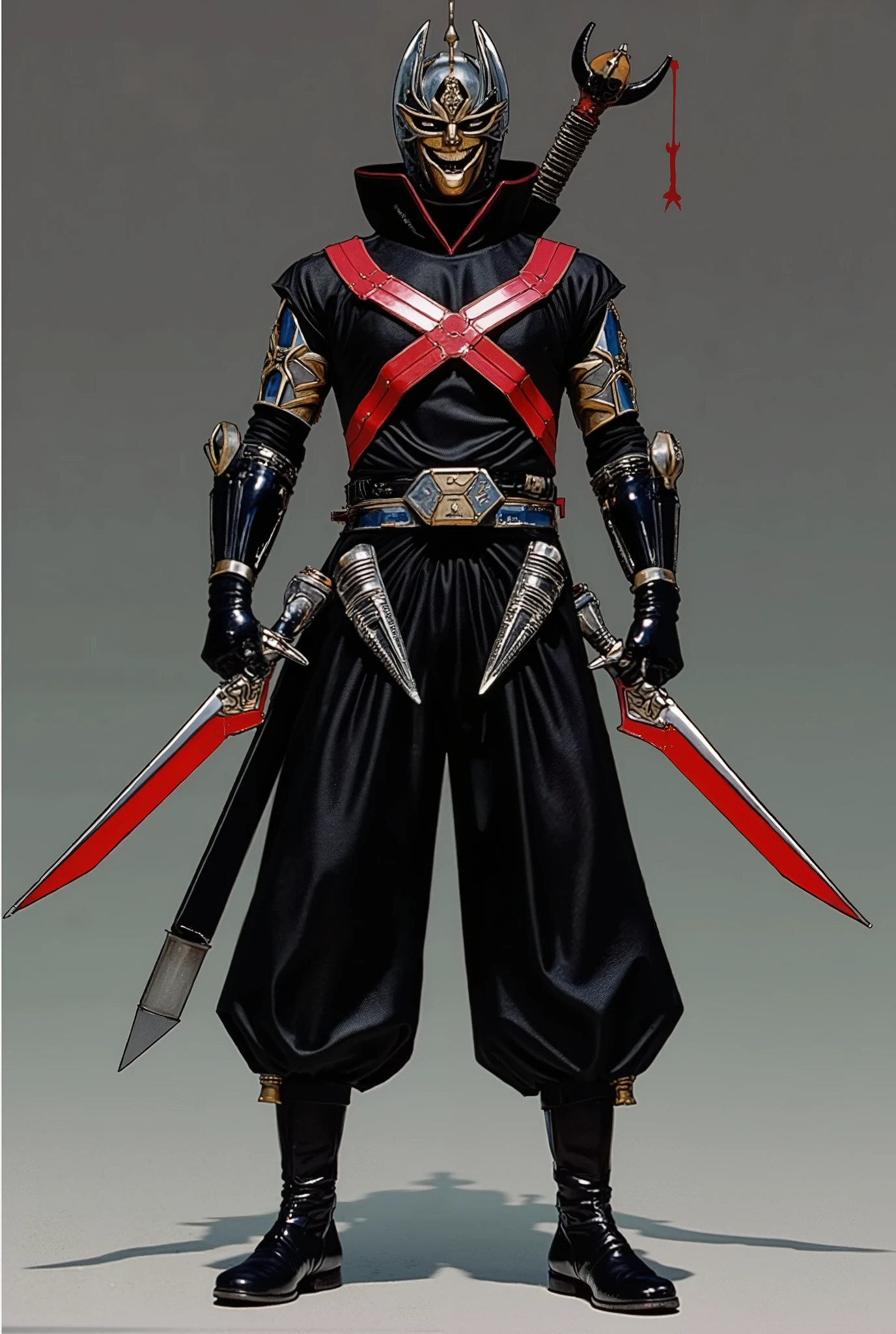 color: Black with red and silver details
Theme: Mercenary Samurai
Suit Design:
He wears modified hakama pants with knee reinforcements and tactical boots.
anime style doesn't wear a shirt, leaving his torso scarred in sight.
He wears two bullet belts crossed over his chest and a lightweight vest with pockets for explosives..
Leather armbands reinforced with small metal plates to block attacks.
Modern Samurai Design Helmet, with a mask that has an evil smile engraved on it.