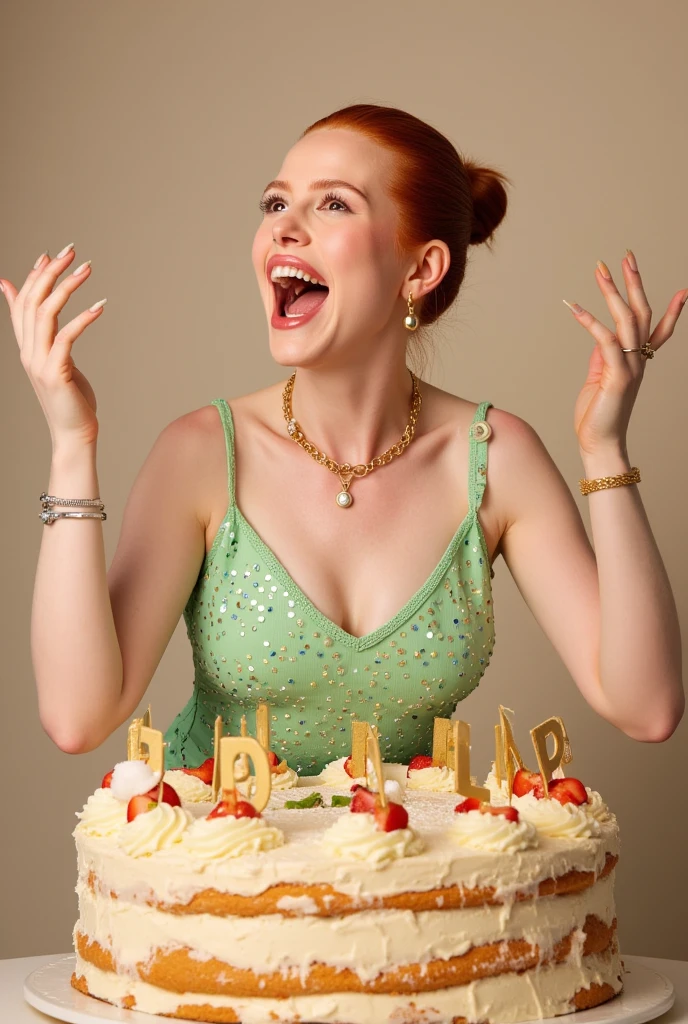 score_9, score_8_up, score_7_up, score_6_up, score_5_up, score_4_up, (8k, hd, best quality, masterpiece), (extremely detailed:1.3), (ultra hyperrealistic full body image:1.4), birthday party in an old warehouse made of old wood and exposed brick, antique furniture, antique utensils, crowded party, lively party, (the birthday girl is a young redhead with hair tied in a ponytail, strands of hair fall on her face) beautiful sweet doll, cute sexy green eyes red mouth alive (wearing a short printed dress with ruffles, ribbons and large bows), (dress smaller than her size, small tight), (little flowery dress smaller than her size), high heels, sweets and cake table, mouth open, sweaty skin with freckles , creative scene, long sweaty muscular thighs, arms above the head, (slim elongated body), large cleavage, small sweaty breasts with freckles and delicate moles, high contrast, (cinematic artificial lighting), (soft colors, dark colors, soft tones :1.3), low saturation, (noir:0.4)