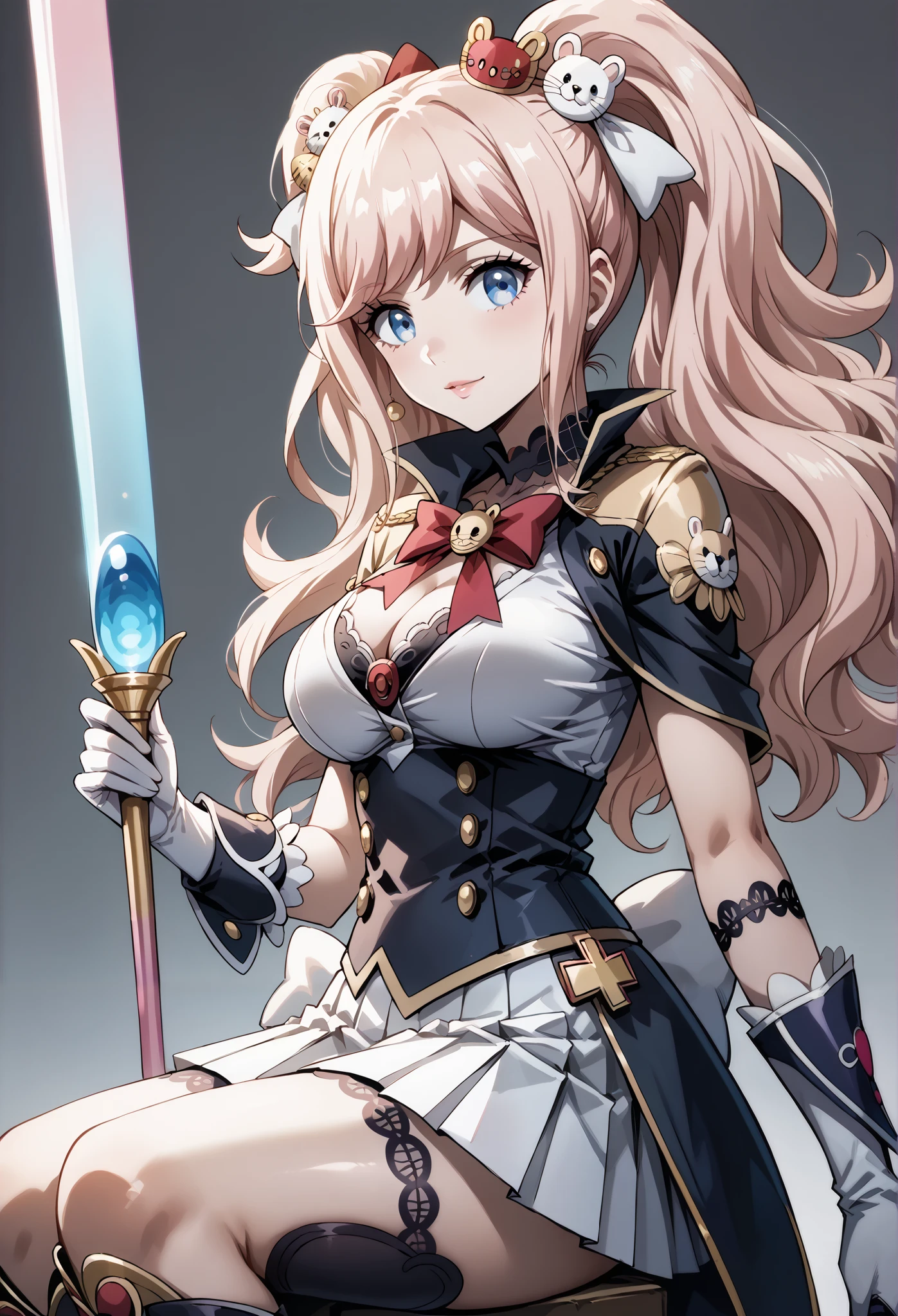 score_9, score_8_up, score_7_up, source_anime, 4K,perfect fingers,(perfect hands, perfect anatomy),prefect lighting, very aesthetic, intricate details,highly detailed background, masterpiece, high quality, best quality,
1girl, junko enoshima, long hair, bangs, blue eyes, pink hair, hair ornament, twintails, bear hair ornament, Large Breast,
wearing ((magical girl costume, White pleated skirt with trim lines、long gloves, thigh-high stiletto heel boots with gold molding, )),
Standing, A sagging breast, ((White plain background:1.5)) , looking at the spectator,