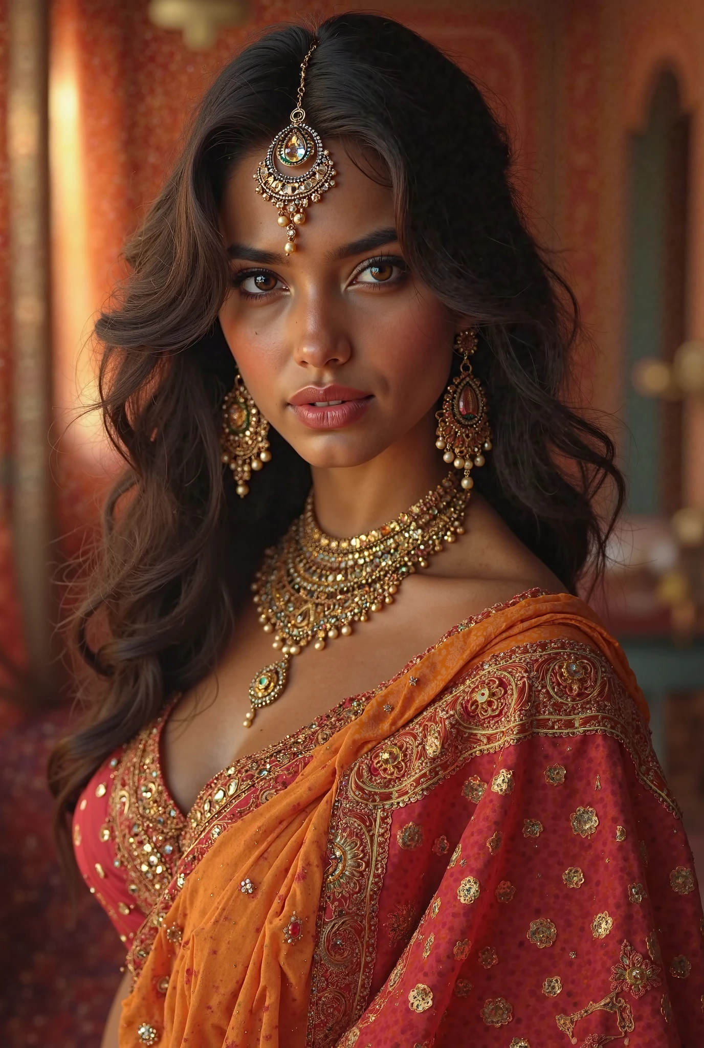 A women with long Hindu crown with long hair and beautiful Indian dress
