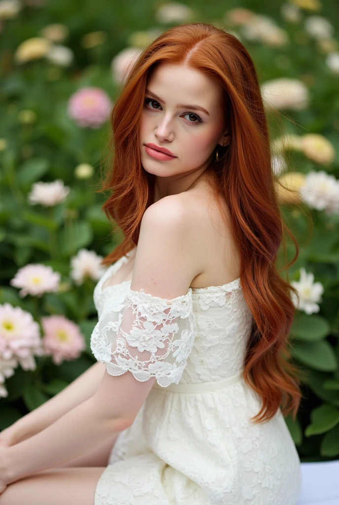Beautiful, 25 year old European woman, (red hair), long hair, curly hair, perfect face, sharp jawline, (sharp features), thousands of (freckles), smiling, (cheerful), happy, large eyes, blue eyes, perfect eyes, perfect breasts, (skinny), (uniform hands), white sun dress, prairie, grass, tress in background, autumn, blue sky, 1 person, subject is well lighted, (high quality), (ultra quality), (8k ultra hd)