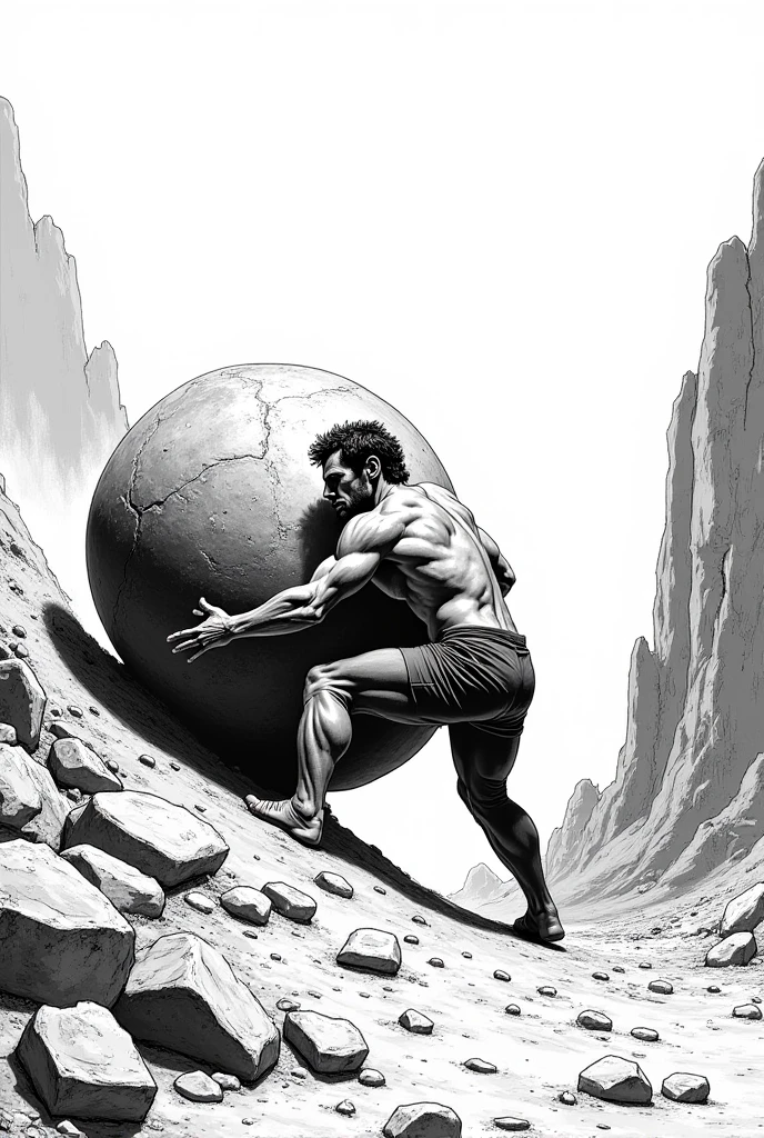 A trash polka style tattoo that is representative of the myth of Sisyphus

