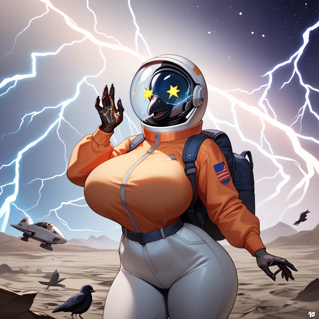 disorganized, intricate details, masterpiece, highest quality, High resolution, 8K, (skeleton in astronaut Spacesuit:1.2), (skull:1.3), (broken helmet:1.4), (Colored bulbs:1.3), Spacesuit, moon surface, crater, black sky, performer, Photographed with a Canon 1DX camera, 50mm f/2.8 lenses, born, Unreal Engine 5 Style, Lens flare effect.、camel toe、huge tit、Nipple Puffs、cleavage、Plump、Super big breasts、super big butt
