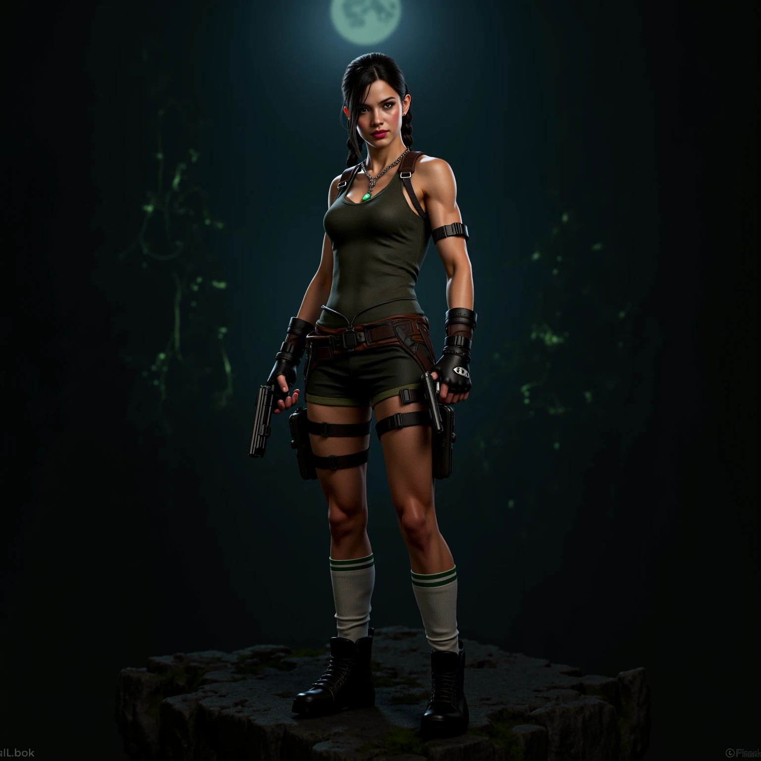 Lara Croft, brown eyes, (best quality, ultra-detailed), (realistic:1.37), beautiful and detailed face, ultra-realistic texture, delicate face, delicate body, red lipstick, bright colors. High definition, 8K, well defined legs