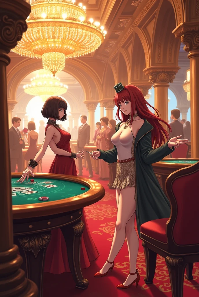 Masterpiece, best quality, 1 dealer girl, alone, look at viewer, chest, mature woman, collarbone, Random Hairstyles, cyberpunk, neon light, In the building, Casino, Roulette table, wine glass, black tight dress, depth of field, playful mood,Big smile