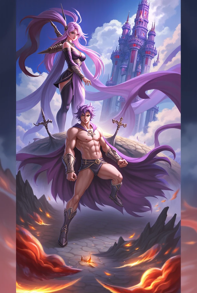 (masterpiece:1.2), (best quality:1.2), perfect eyes, perfect face, volumetric lighting, 1girl, 1boy mature female, hand on hip, flexing biceps, long hair, purple hair, seductive smile, blush, sweat, bikini armor, soldier \(dq3\), winged helmet, red armor, abs, toned, wide hips, thick thighs, huge breasts, sky, detailed background, ((sunset ambiance light:1.0))