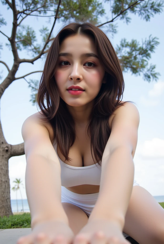 (from above, at bedroom, 1 girl, small breasts, medium long hair, white tank-top, camel toe, spread legs:1.5), fair-skinned, glossy lips, skinny, body type, delicate and sexy clavicle, highest quality, RAW photo, realistic, face, incredibly ridiculous beautiful girl, cute, Depth of bounds written, High resolution, ultra detail, detailed, Very detailed, extremely detailed eye and face, sharp pupils, sharp focus, cinematic lighting