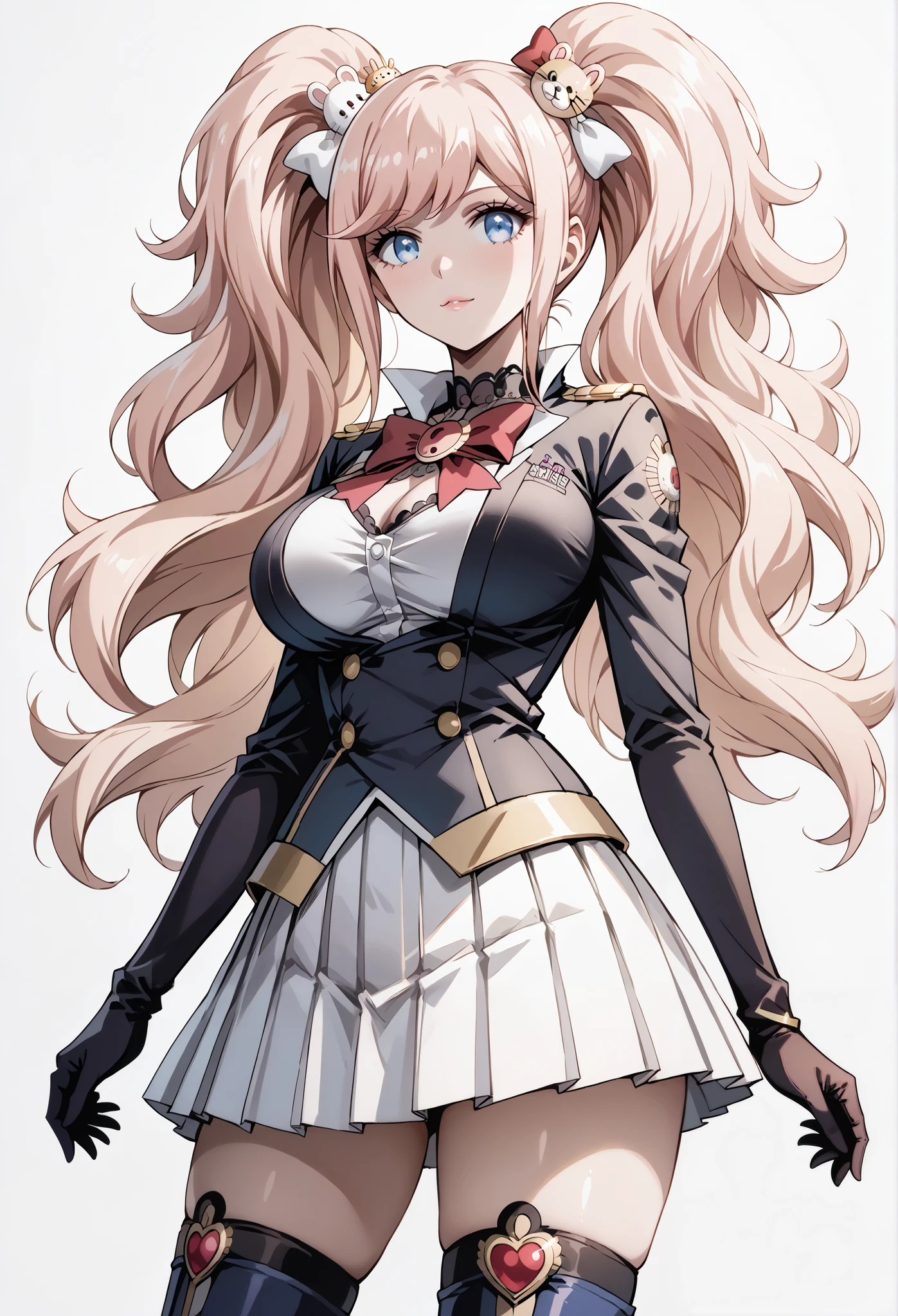 score_9, score_8_up, score_7_up, source_anime, 4K,perfect fingers,(perfect hands, perfect anatomy),prefect lighting, very aesthetic, intricate details,highly detailed background, masterpiece, high quality, best quality,
1girl, junko enoshima, long hair, bangs, blue eyes, pink hair, hair ornament, twintails, bear hair ornament, Large Breast,
wearing ((magical girl costume, White pleated skirt with trim lines、long gloves, thigh-high stiletto heel boots with gold molding, )),
Standing, A sagging breast, ((White plain background:1.5)) , looking at the spectator,