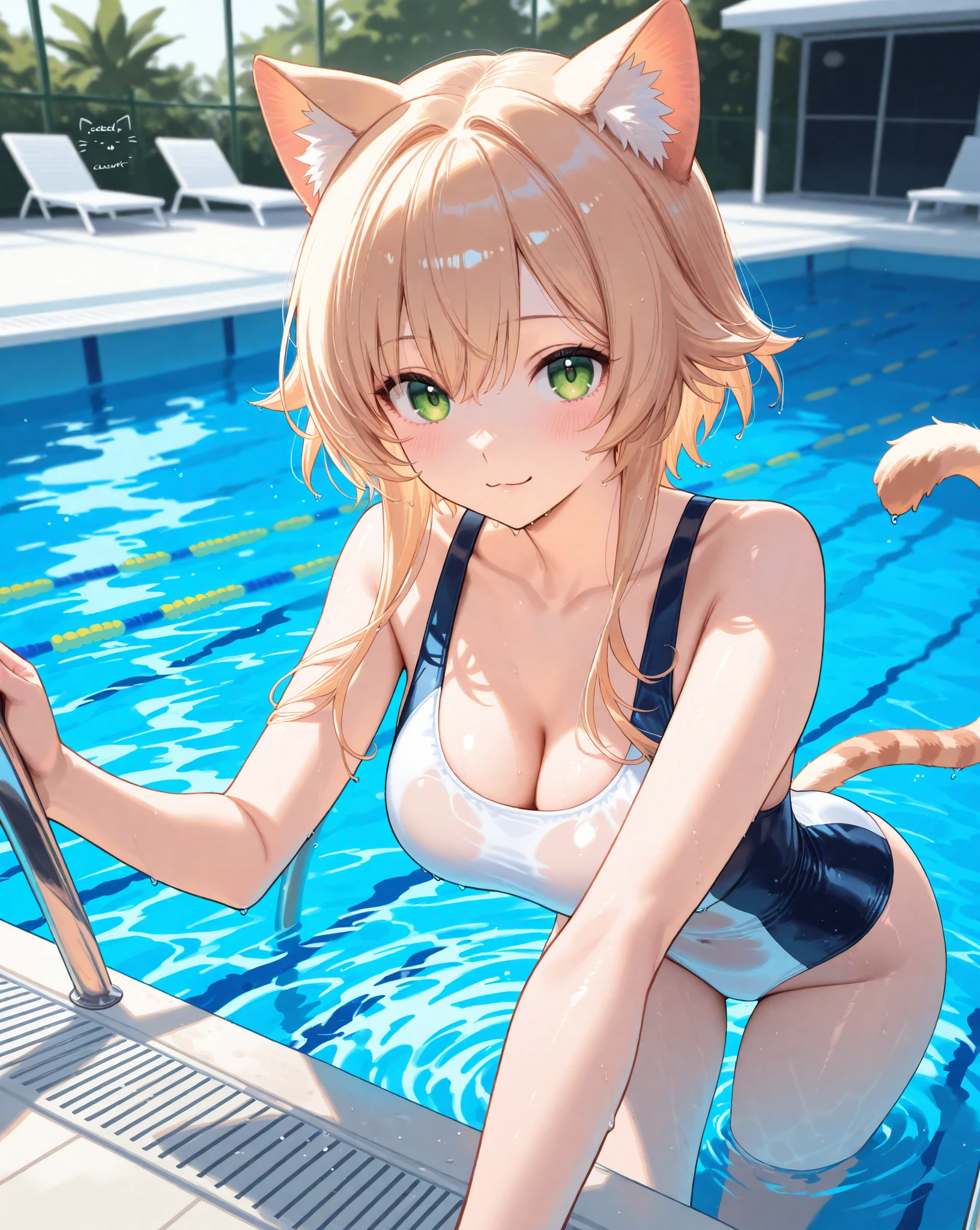 (Highest quality:1.24, Very detailed, Anime illustration, Detailed illustrations, High detail, masterpiece:1.2, Highest quality, Best aesthetics), (High resolution:1.4), shorts, One girl, Laughing with your mouth open:1.1, tail,animal_ear, Swimwear, short_shorts, Striped, bikini, Fox_ear, alone, Fox_tail, Striped_bikini, Pool, Shiny Hair, Beautiful Skin, Detailed face and eyes, Glossy Lips, Curvy Women, Slender body, Beautiful breasts:1.4, (Crouch down, Sit down, Hands behind head)
