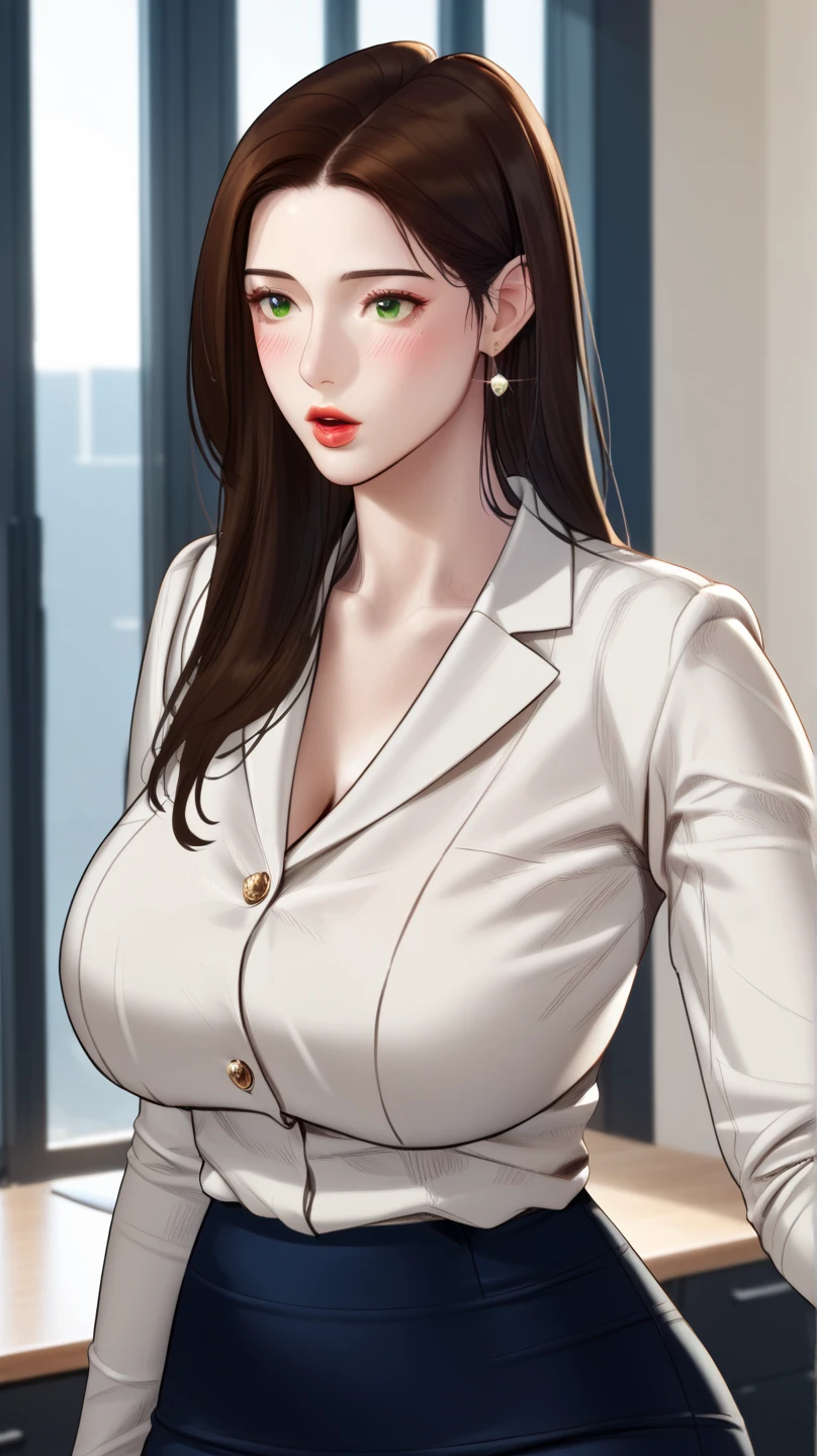 Kriti sanon wearing a beautiful ,photorealistic,  best quality, masterpiece, realistic, highres, absurdres, kr1t1 , ((vector)),Beautiful symmetric detailed eyes. Big breast, fit body., necklace , makeup, red lipstick , stockings, pencil skirt,white shirt, blazer , cleavage 