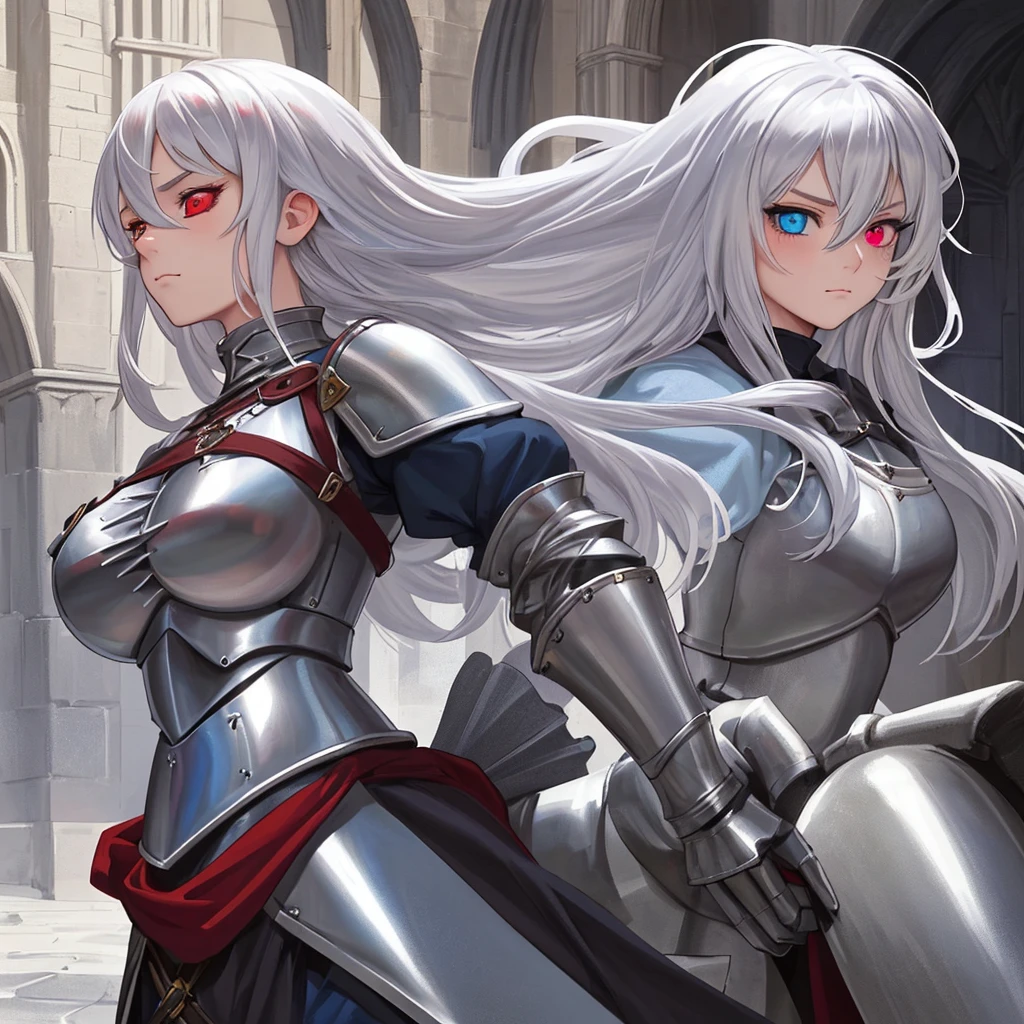 Silver Hair、(((Huge Breasts)))、Long Hair、Condescending expression、knight armor