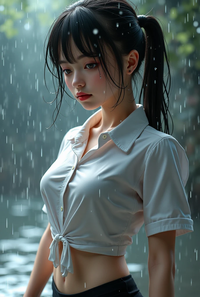 ((Best Quality, 8K, Masterpiece: 1.3)), Sharp: 1.2, Perfect Body Beauty: 1.4, Slim Abs: 1.2, ((Layered Hairstyle, Big Breasts: 1.2)), (Wet White Button Long Shirt: 1.1), (Rain, Street: 1.2), Wet: 1.5, Highly detailed face and skin texture, detailed eyes, double eyelids, side face looking at the camera