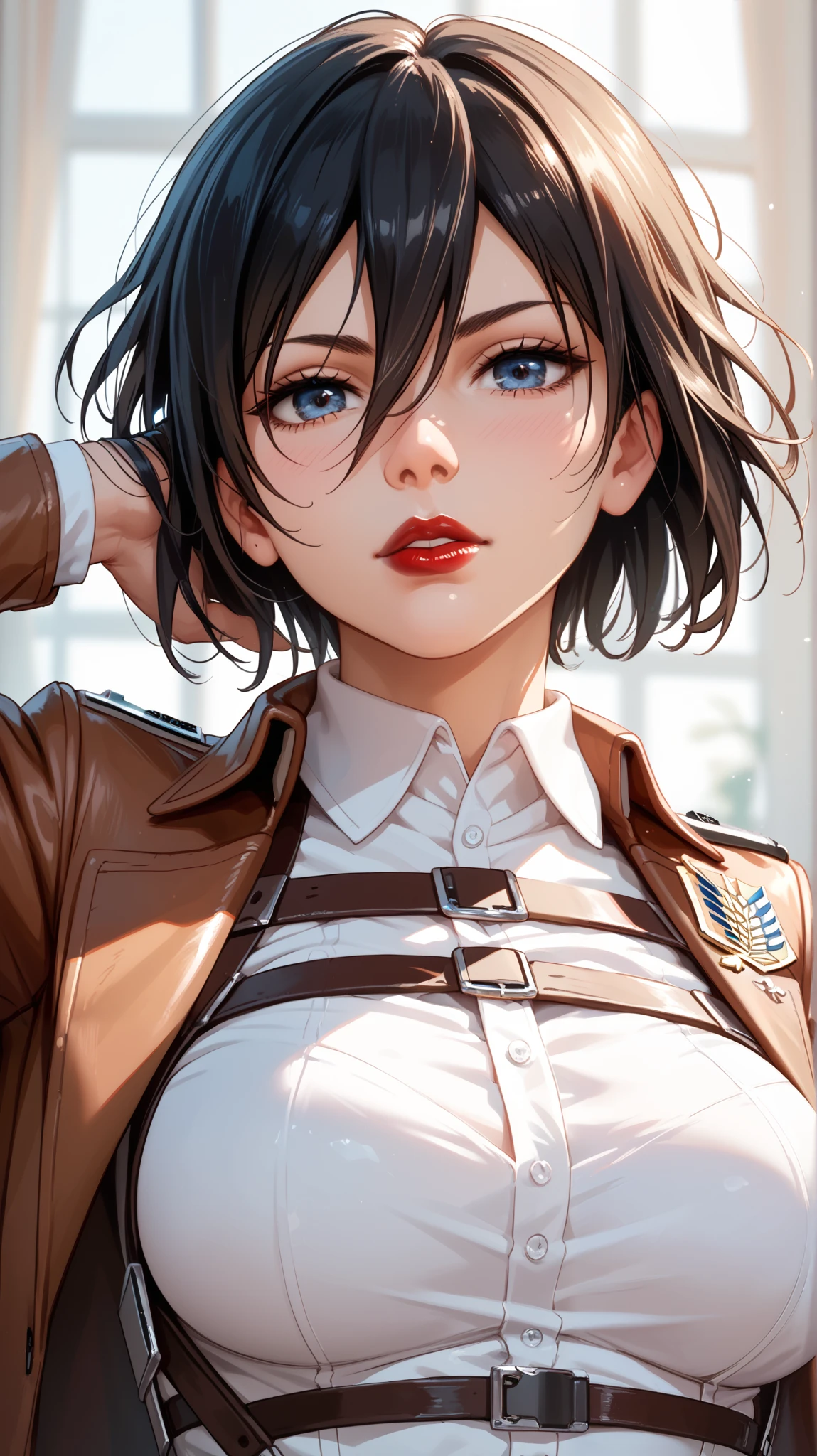 Mikasa Ackerman beautiful, with red lipstick, Rough and sexy rocker clothes with big 
