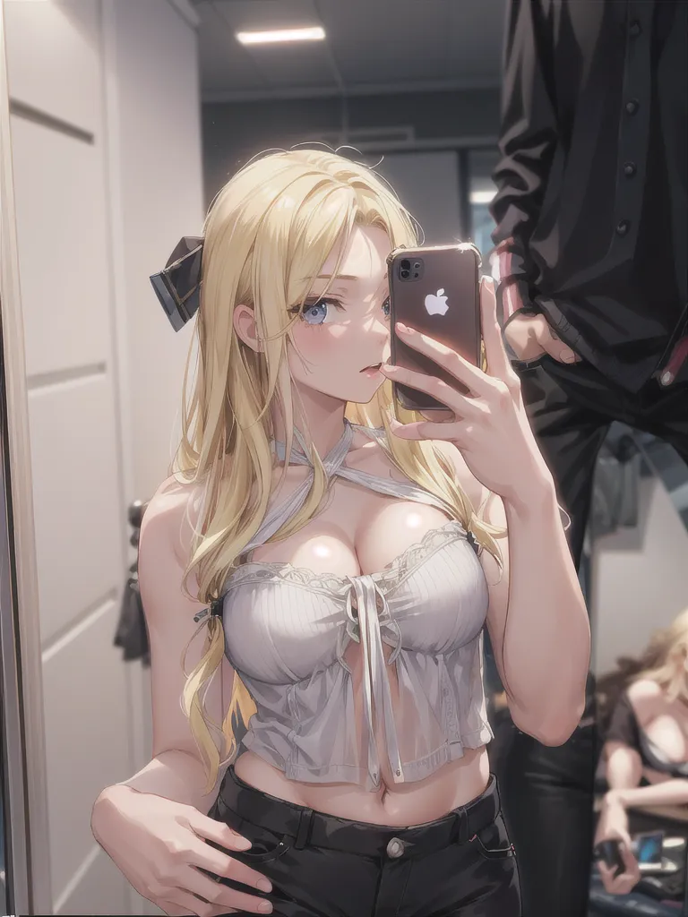 (masterpiece:1.2), (best quality,:1.2), 8K, HDR, Extremely detailed, ((Reality)), A mobile phone,Mobile interface,Inside is a sexy blonde in chains。Below is the title hypnosis,Ambiguous warm light