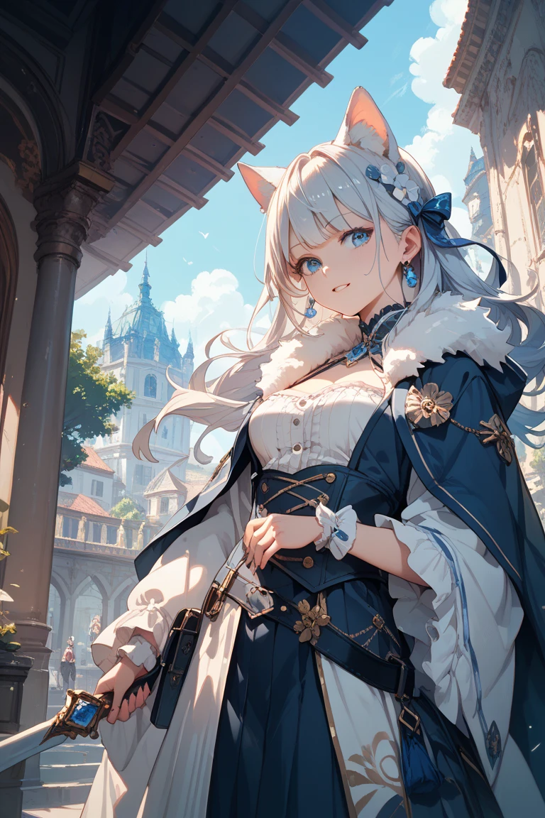 SFW, masterpeice, highres, 1 Girl, solo, standing, looking at the viewer, white long hair, cat ears, blue pupils, detailed eyes, detailed face, blushing, light pink lips, fishnet stockings, calm, intellectuals, three bangs, blue short dress, lace gloves, village, mountains in the background