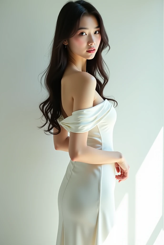 White Room、Black one-shoulder dress、Standing posture、(Highest quality)、((Very detailed))、4K、(8k)、masterpiece、Very detailedな、Highest quality、Super Resolution、1 person、Kind Face、Soft Light、RAW quality、Soft Skin、163cm、28 years old、Thighs