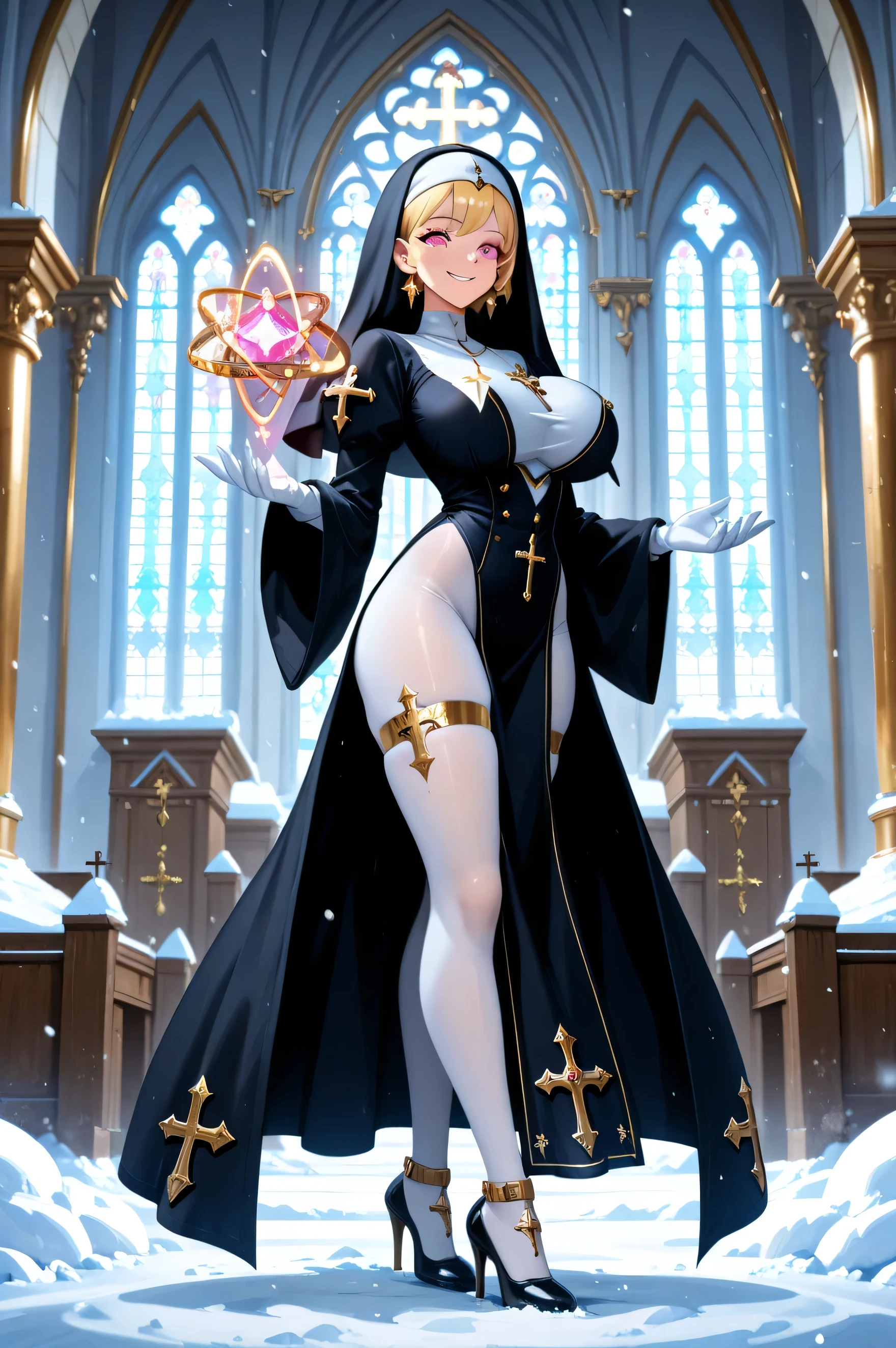 (masterpiece:1.2), aesthetic, best quality, high resolution, unity 8k wallpaper, (illustration), extremely detailed face, perfect lighting, extremely detailed CG, (beautiful detailed eyes:1.2), 1girl, solo, KIARA, nun, habit, Double eyelids, golden eyes, beautiful nose, beautiful nostrils, dark red lipstick, black dress, standing, slender, curvy, Neck, collarbone, cleavage, saggy huge breasts, full body shot, church, Thigh slits, Fishnet tights, crimson stiletto heels, looking at viewer, mature woman, pervert smile, Giggling creepily, Dutch angle, from directly below, perfect anatomy, ideal facial features, ideally proportioned figure, perfectly beautiful body, honey-colored glistening skin, super detailed skin, glossy skin, incredibly absurd res, absolutely resolution, ultra high res, low angle, wide angle, leg focus, leg close up