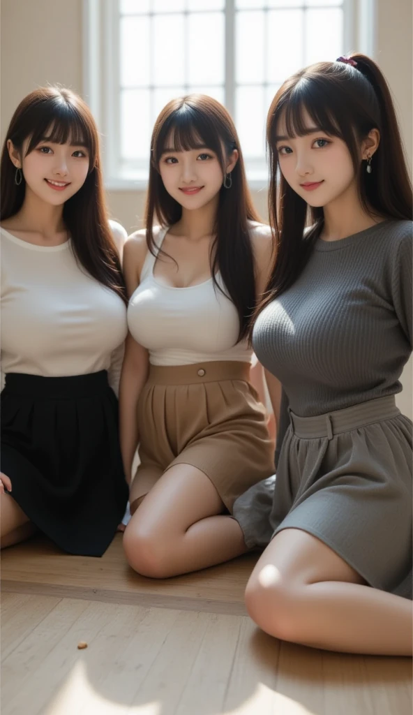 (highest quality),(High resolution),(8K),The whole body is shown,(Large Breasts:1.2),Long, slender legs,Beautiful feet,Slender,Narrow waist,(Hair up),Small Face,cute,smile,(Costumes with attention to detail:1.2),(Japan 2 women:1.2),(mini skirt:1.2),Knitwear that accentuates the shape of the bust,Squat,Panty shot