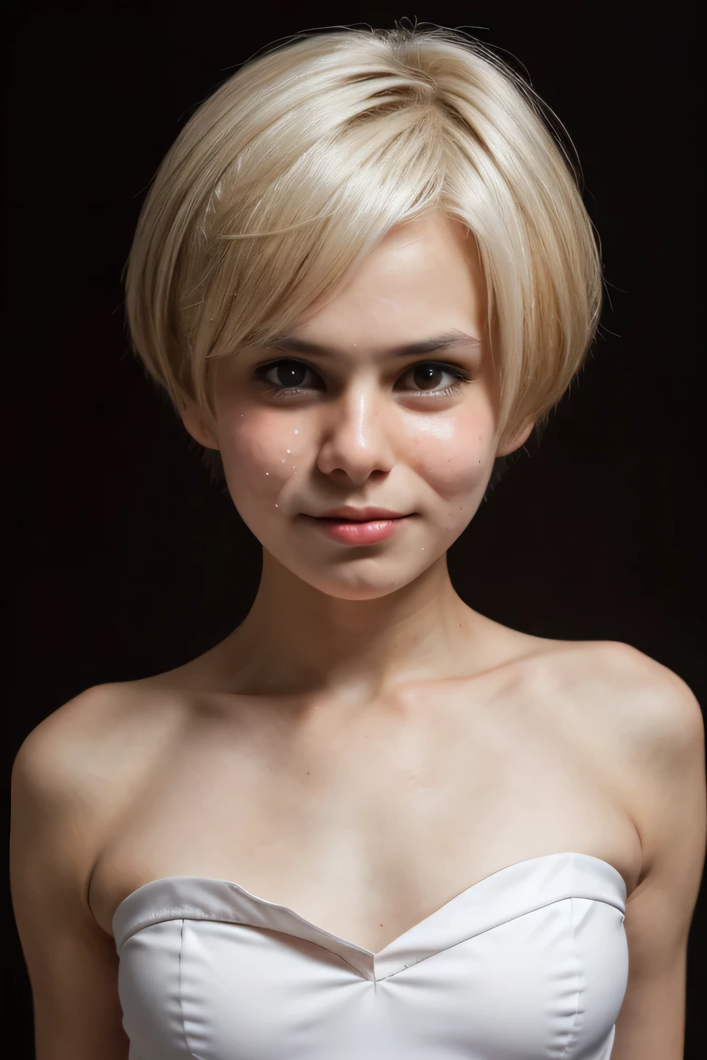 ((Femboy)), Shorthaircut Stylish, adorable, 1 femboy, (face to face), , (()), (cry sad face expression), half body portrait, (face details: 1), (eye details: 1), ((Tiny breasts:1.3)), Cute posed. proportional body. Ultra High Res. realistic: 1.4, UHD, (perfect white strapless)