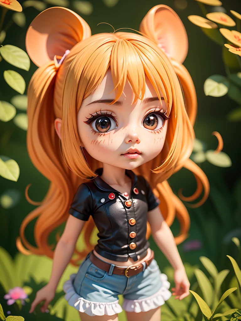 ,girl, peach skin, big cheeks, blue tight shorts, cow tights, cow blouse, black high heeled boots, maroon cowgirl hat, red long hair, green eyes, big lips, coquette lips, maroon eyebrows, makeup, brown belt, muscle, blush, golden bracelets, face close up, big eyes, big mouth, smile