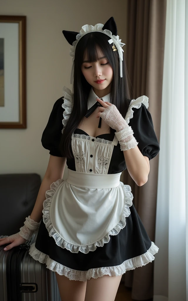 arafed woman in a black and white dress and white socks, maid outfit, maid costume, french maid, thighhighs and skirt, wearing maid uniform, gorgeous maid, maid dress, japanese maid cafe, wearing atsuko kudo latex outfit, cosplay of a catboy! maid! dress, anime girl in real life, dressed as