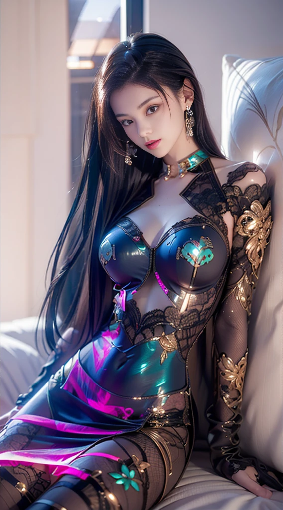 stunning beauty, Aesthetic, Oil painting style, thick coating, Women with incomparable style, Exquisite facial makeup, Black hair, long hair and waist, long eyelashes, Dark brown pupil eyes, exquisite nose, Lip balm, Inseparable strands, Beautiful posture, Graceful curves, Plump ideal type, Super special exaggerated huge breast weight, Bold, Elegant, Extravagant artistic acts, romanticism, (Fractal Art), Vibrant colors, Sunny glare smooth skin, Professional photo close-ups, Brutalist design, Explore Victoria's Secret, blush, flower petals, Vivid colors, The most beautiful chaotic shapes, Colorful, Colorful and magnificent, From  above, from the front side