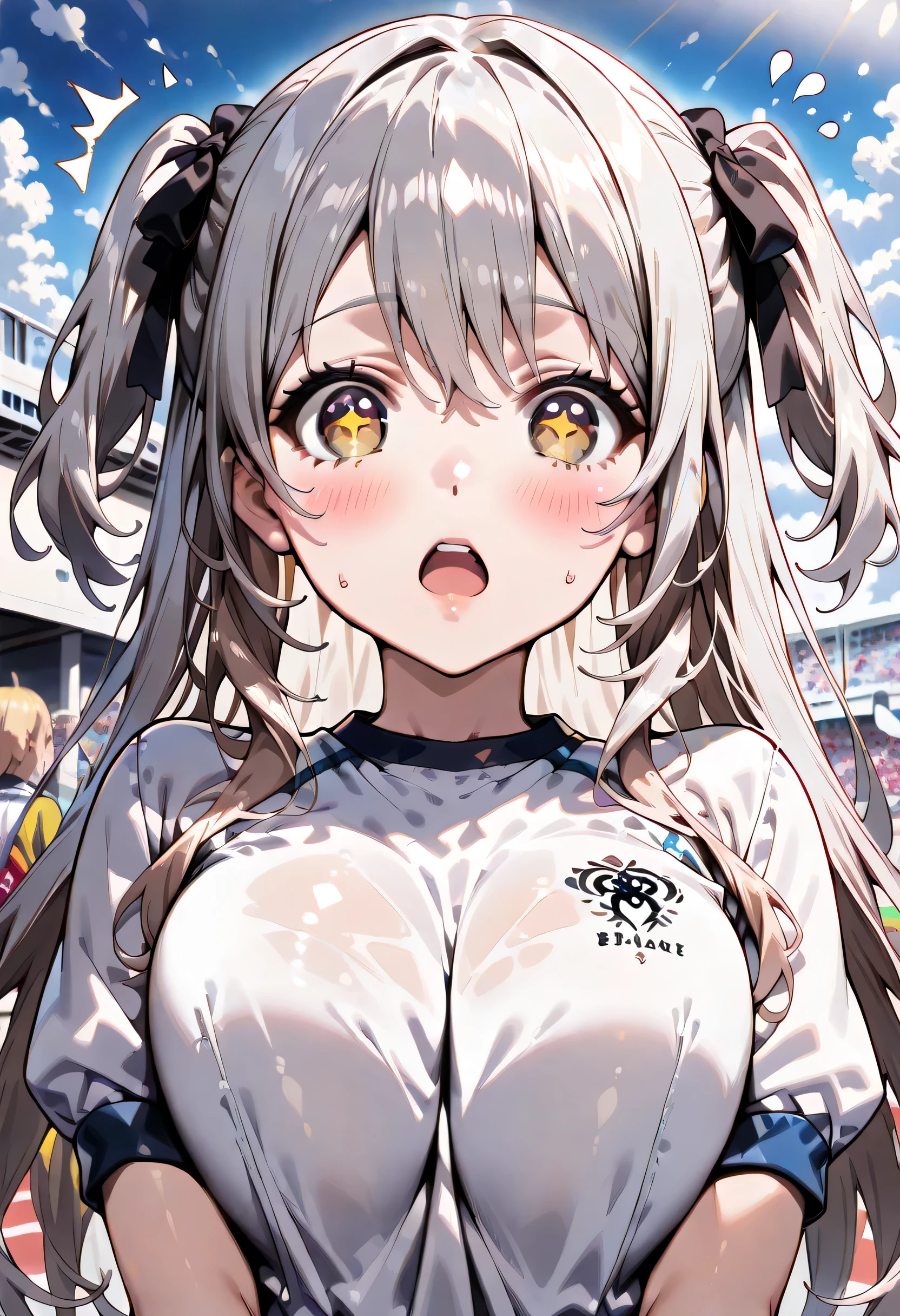 ((ultra-detailed)), (highly detailed CG illustration), (best quality:1.2), ultra-highly detailed, colorful composition, artistic photoshoot, 1girl, solo focus, ((upper body:1.4)), moe anime character, age girl, dainty facial structure, (baby face), (round face), ((rounded chin:1.2)), celia-default, celia claire, (blue eyes), sparkle eyes, ((silver hair color)), ((two side up)), (hair ribbon with red), (school gym uniform), ((navy blue school gym buruma:1.2)), ((surprised:1.3)), ((blush:1.1)), ((looking viewer)), ((wet:1.2)), ((Sweat:1.2)), ((Blue sky and clouds background)), from front, best quality, masterpiece, expecting, pink cheek, blush, light pink gloss slip, portrait, depth of field, soft lighting, sidelighting, (shine), lighting, caustics, ray tracing, perfect face, lustrous skin, highly detailed face, perfect face, perfect nose, perfect hair, perfect anatomy, beautiful hair, beautiful small face, extremely detailed face, beautiful clavicle, beautiful body, beautiful ample breasts, leavage, breasts squeezed together, equalize the size of the left and right breasts, beautiful fingers, 4 fingers, 1 thumb, lovely, (very detailed background:1.0), (highly detailed background:1.0), spring aesthetic, intricate details, joyful atmosphere, spring colors palette, chromatic aberration