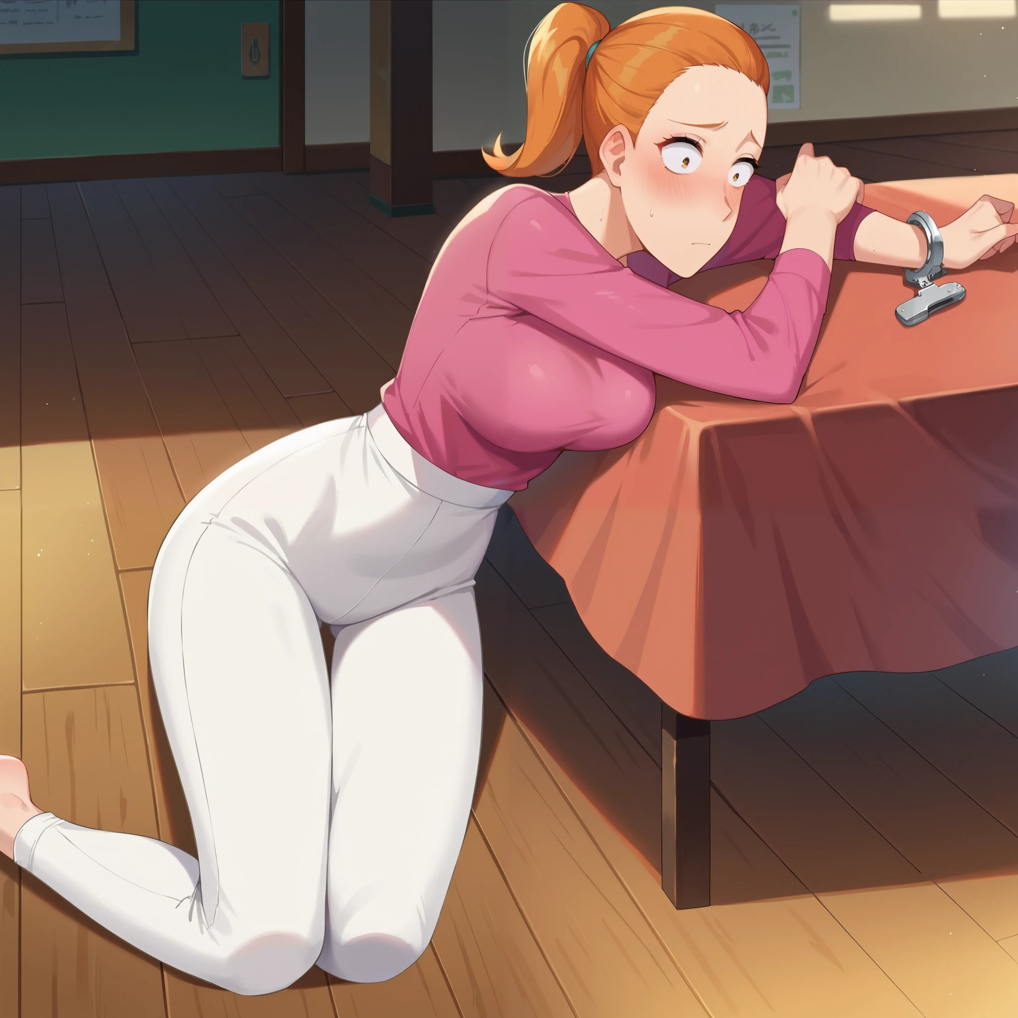 Short Secretary with short pixie light ginger hair, orange hair on back of her head too, pale skin, surprised face, tight white short sleeved button up shirt, tight black pencil skirt, she wears small black high heels, very thick thighs, wide hips, full body shown, large breasts, thick thighs pressed together, large thighs, on her knees on the floor ((blowjob)), deepthroating penis, full body shown including legs and feet, feet in frame, cumming in mouth too much, man is aggressively holding secretary’s head against the base of his penis, keeping her in place, gripping her hair tightly, submissive, huge penis, struggling, secretary, tears in her eyes, there’s also cum on her feet. black lipstick on cock shaft, cum on her thighs 