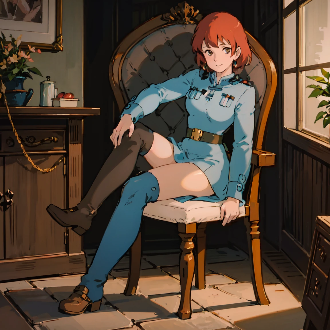 masterpiece, high quality, 1girl,, (masterpiece:1.4), (best qualit:1.4), (high resolution:1.4), 1girl, redhead, brown eyes, smile, Nausicaa, sit on a chair, no panties, high boot, colorful, full body, ghibli style, sfw, <lora:Nausicaa-000007:0.8>