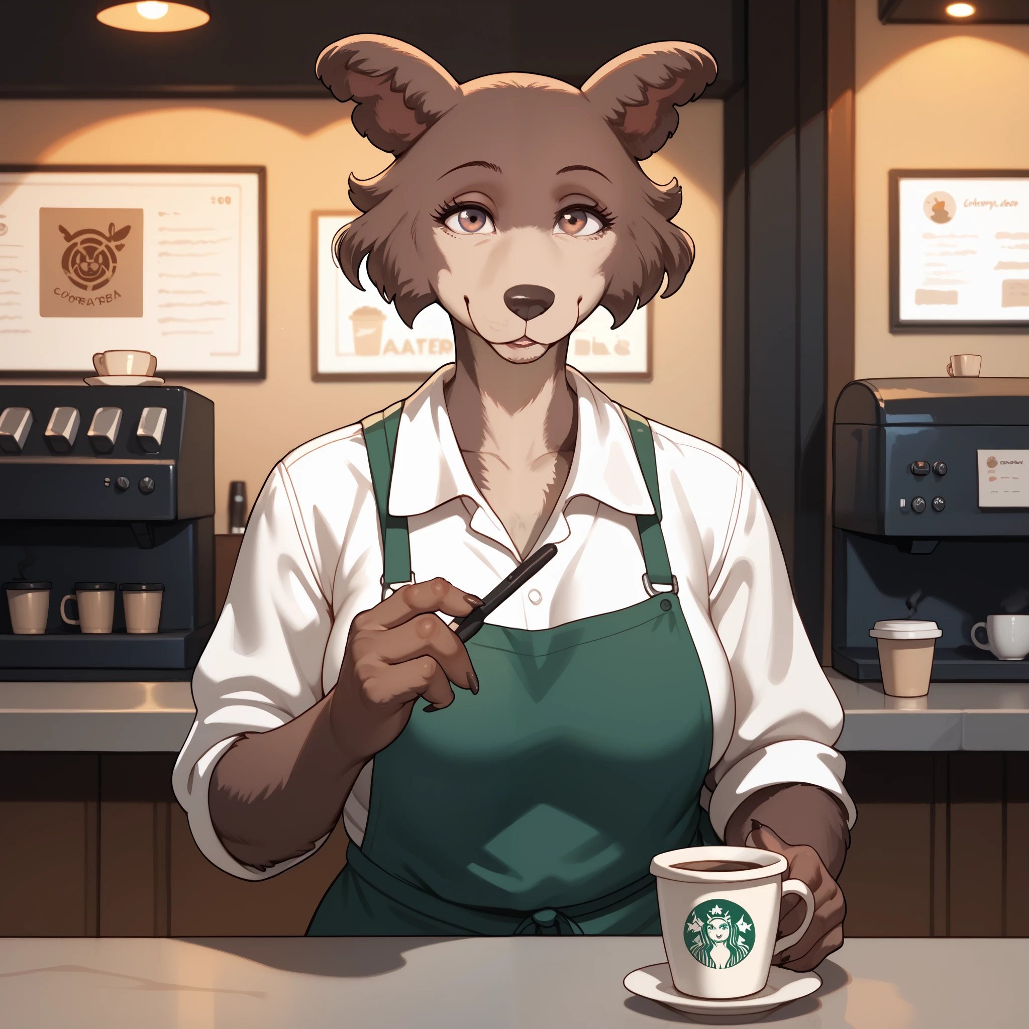 Coffee Shop , mature woman, Anthropomorphic wolf, brown fur, smile, looks at the viewer