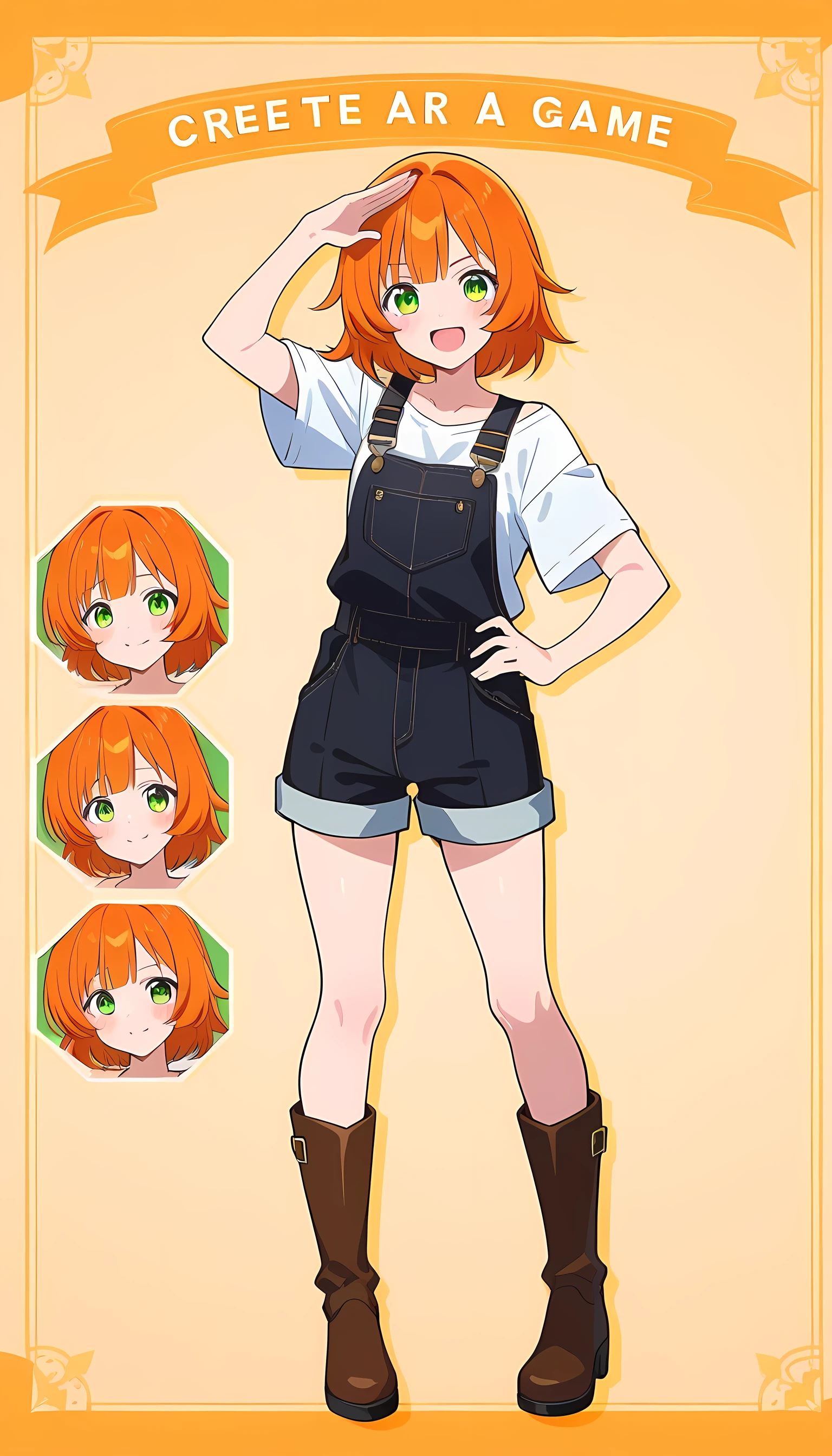 Create a character sheet for a hand drawn art game poster cinematic. The main character is a female ager with ten years old and short orange hair with bangs and expressive green eyes. She is wearing a black overall and brown boots.