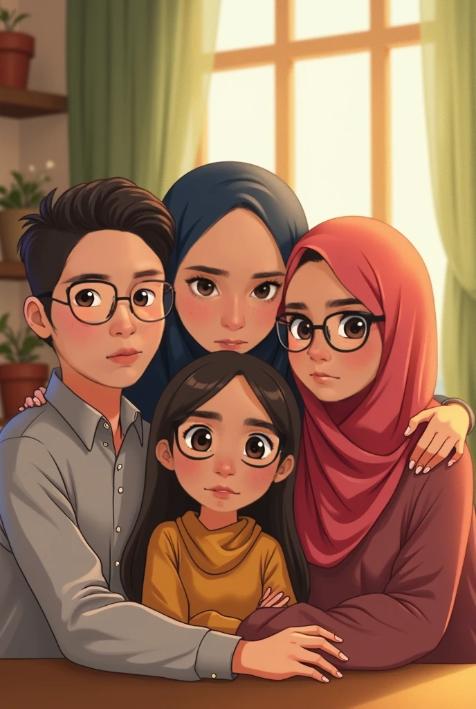 Cartoon with text:
(Masterpiece, best quality, 4k, expressive eyes, perfect face), beautiful women, gorgeous cartoon women, (beautiful face, detailed eyes), wearing black hijab, (flat style,, hand drawn style, 2d style, Cartoon artstyle, toon style), ((wearing a small black bikini, bra, underwear)), (women embarrassed, shy), (teaching elementary students, surrounded by children, kids grabbing her breast, squeezing boobs, grabbing her legs), confused, (on her bed, legs spread apart)