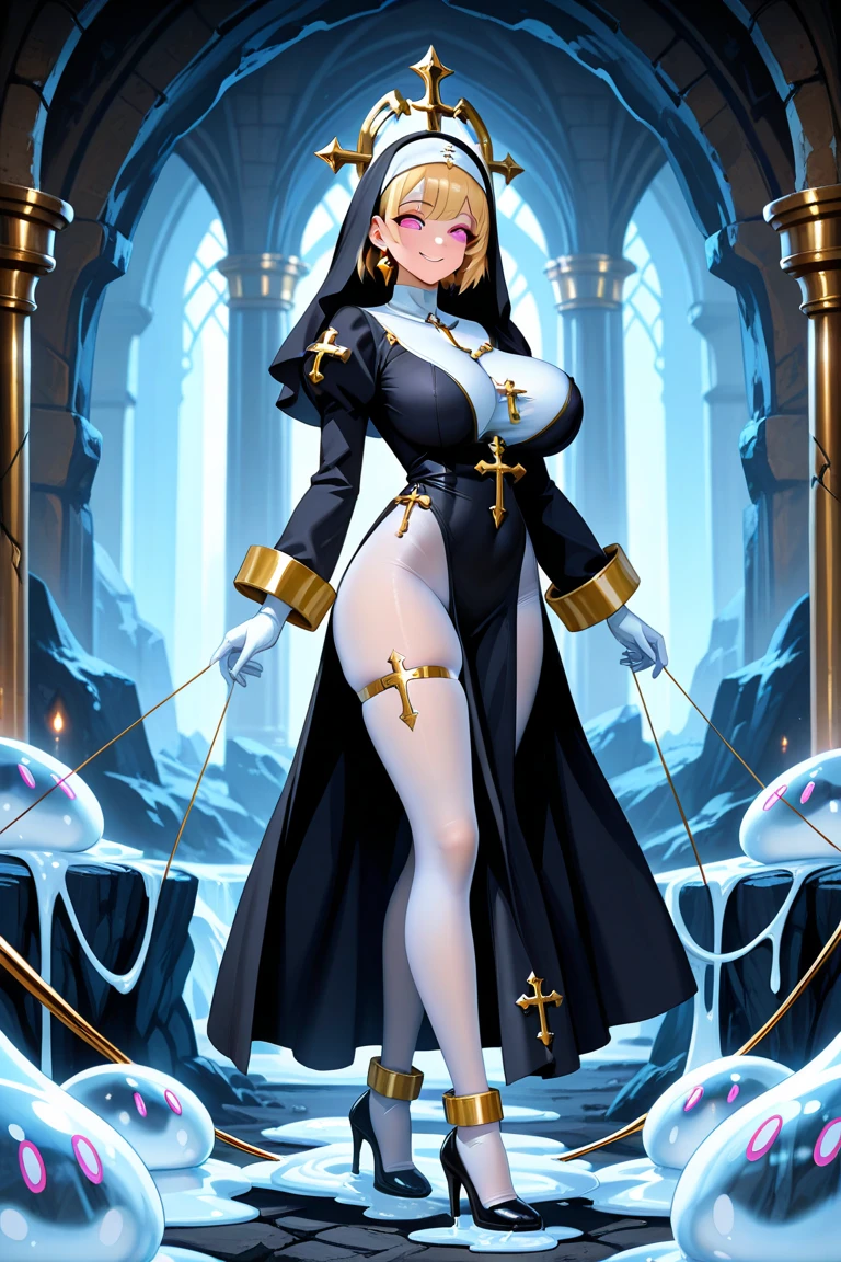 score_9, score_8_up, score_7_up, score_6_up, score_5_up, score_4_up, source_anime, 1girl,(masterpiece, best quality, glowing light, glistening, shiny skin, ultra detailed, detailed background, complex background),(perfect face, detailed face, detailed eyes,perfect hands,perfect fingers), (medium boobs:1.2,scare expression),(mature female:1.4),cowboy shot,thicc,cleavage,((Ripped clothes)),
priestess, long hair,((gradient hair)),multicolored eyes, gradient eyes, (glowing eyes:1.1), mascara, (fashion make up), parted lips,hat, long sleeves, dress, thighhighs, white headwear, thigh boots, wide sleeves, white thighhighs,hands beind , w-w-chain, shackles, spread arms, dungeon, best quality, best res, 4K UHD,