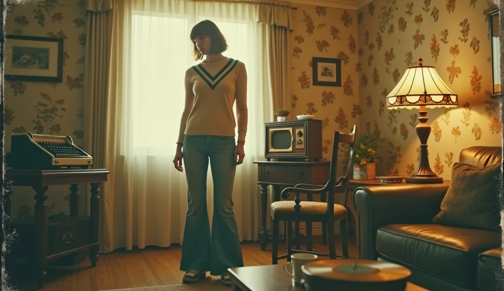 (YES SFW), Irish redhead woman with short bob haircut taking a selfie in the mirror wearing naughty beige trousers and green sweater. Visible mirror. Many details in the mirrored room such as forniture, lamps, tends, window, bed, shoes. [The character is surrounded by mist, evoking a mysterious and eerie atmosphere. The lighting is dark and atmospheric, with a red smoke adding a touch of sinister ambiance. The image is of the best quality, with a resolution of 4k and HDR enhancement, showcasing the utmost level of detail and realism, sfw, full body shot.]. [8K, Best Quality, Masterpiece, Ultra High Resolution, (highly detailed CG unity 8k wallpaper), (best photo), (best shadows), isometric 3D, octane rendering, ray tracing, highly detailed, (Best quality, 4K, 8k, A high resolution, masterpiece:1.2), absurdity, masterpiece, ultra detailed, (realistic, photorealistic, photorealistic:1.37), complex parts, HDR, (complex parts:1.12), (hyper detailed, hyper realistic, Soft lighting, spicy:1.2), (complex parts, Hyper detailed:1.15). Blurred foreground. (backlit), realistic, masterpiece, high quality, brightness, chromatic aberration, 8k uhd, some smoke, shadows, contrast, clear sky, (warm hue, warm tone), high details, natural reflections]. 
