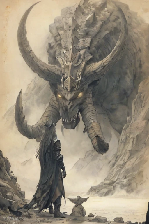 Girl fighting Elden Ring Boss. Girl has a sword. The boss is like a dragon and very big. Landscape